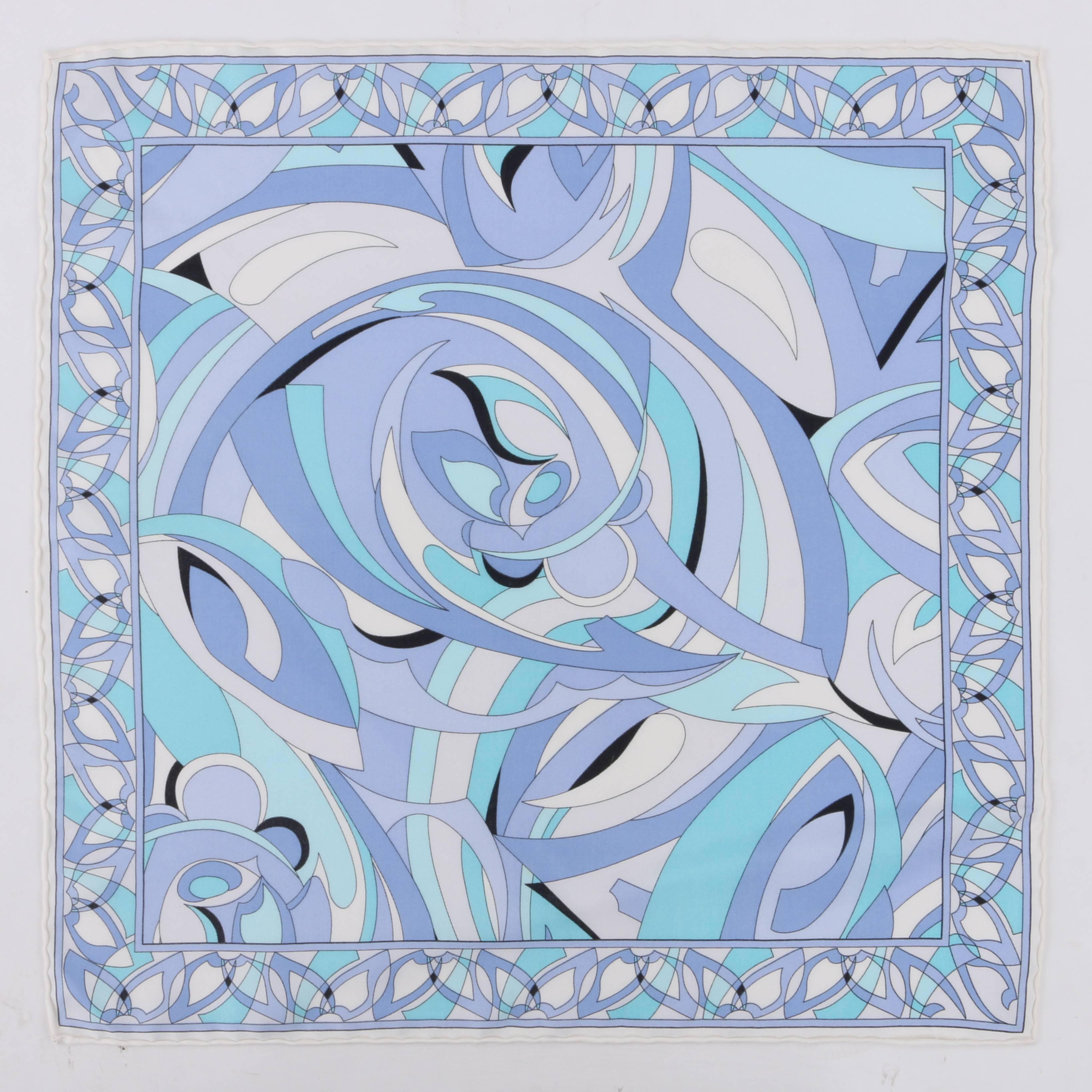 Vintage Emilio Pucci square silk scarf / handkerchief / pocket square. Overall abstract print in shades of white, blue, and teal with abstract floral print boarder. Hand rolled edges. Unmarked Fabric Content: Silk. Measurements:

Length: