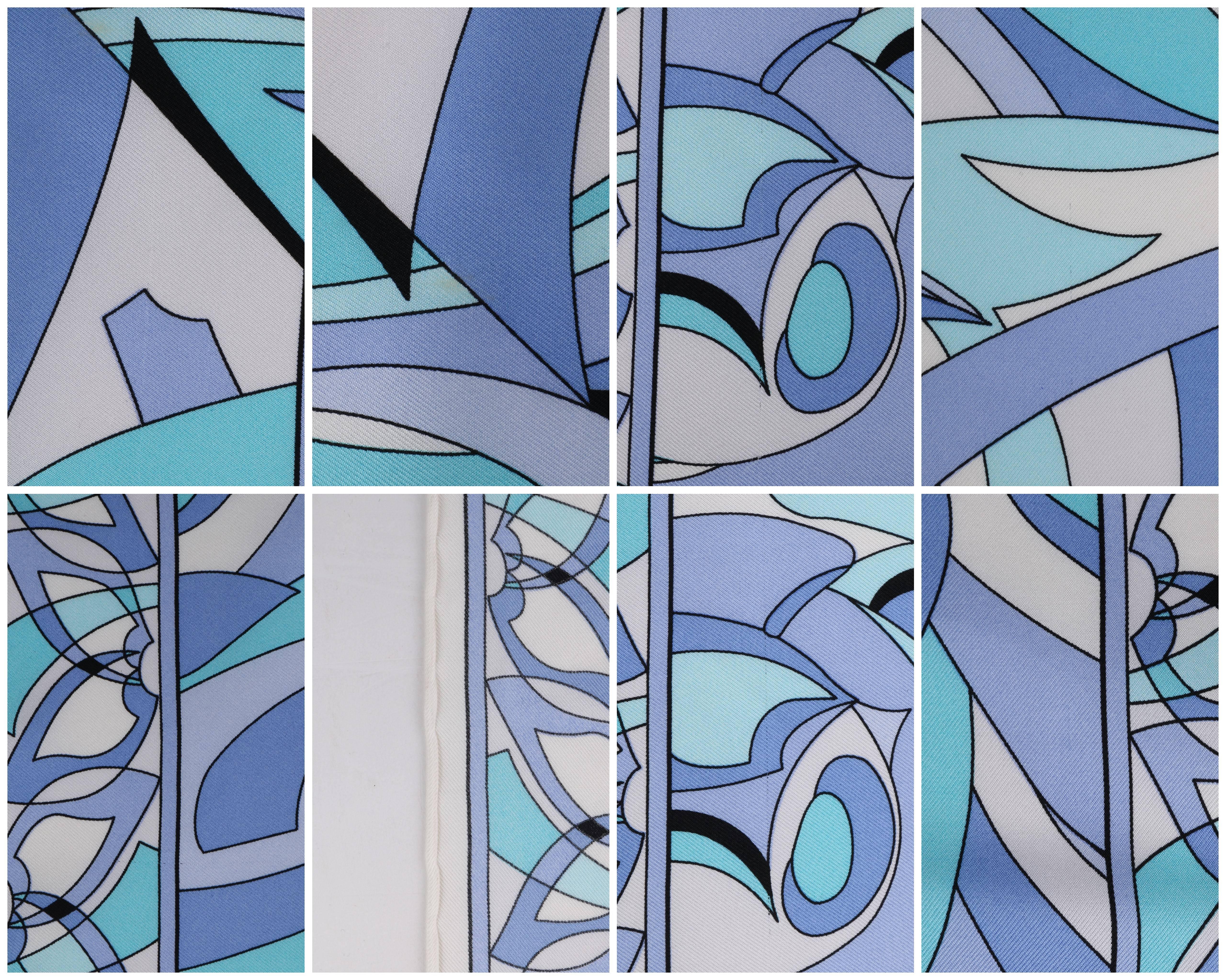 EMILIO PUCCI White Blue Abstract Print Silk Scarf - Handkerchief - Pocket Square In Excellent Condition In Thiensville, WI