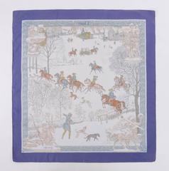 HERMES um 1968 Philippe Ledoux "L'hiver" Lila-weißer Winterjagd-Seidenschal