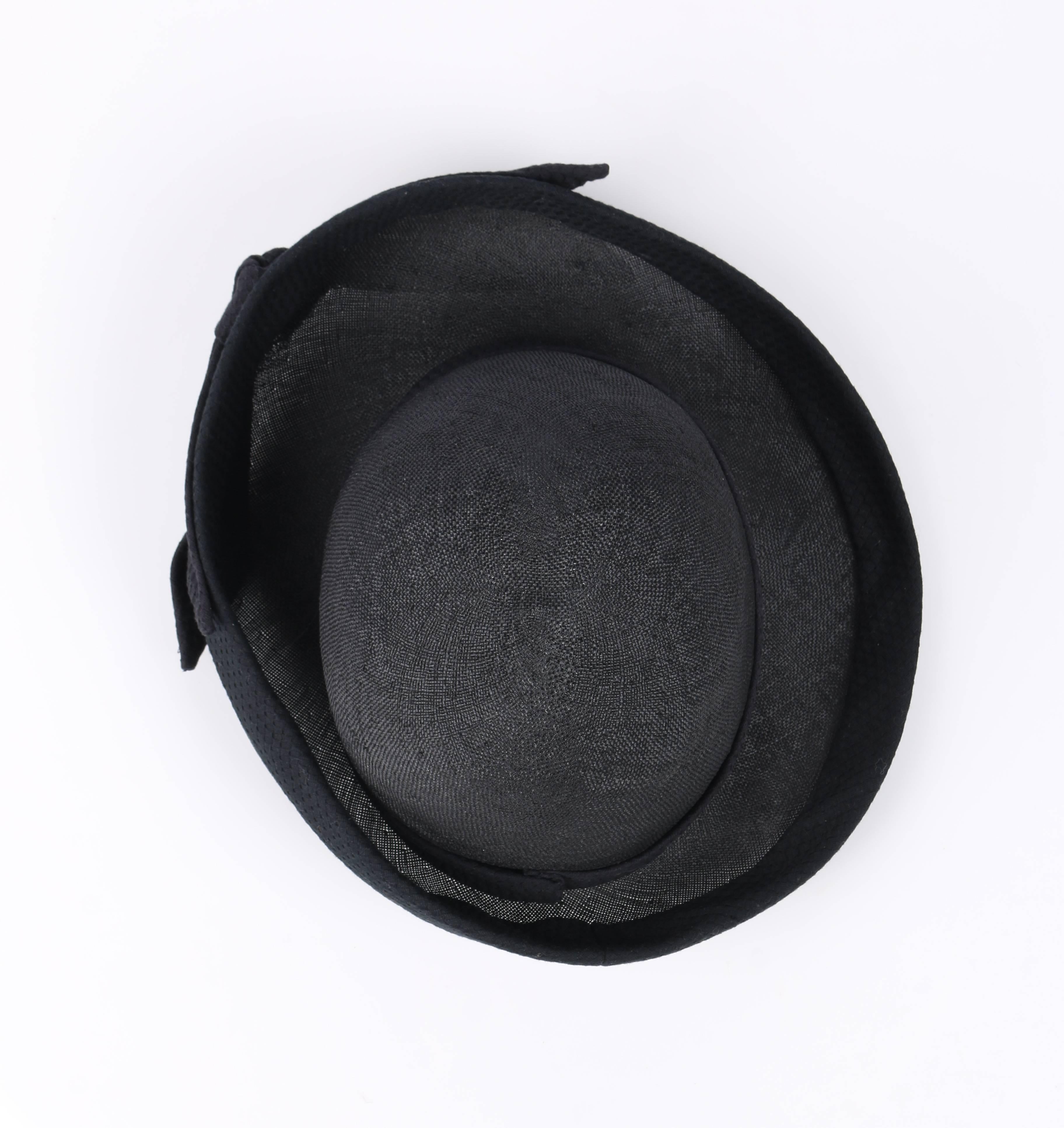 OSCAR DE LA RENTA Millinery Black Woven Straw Cotton Bow Vegabond Hat  2