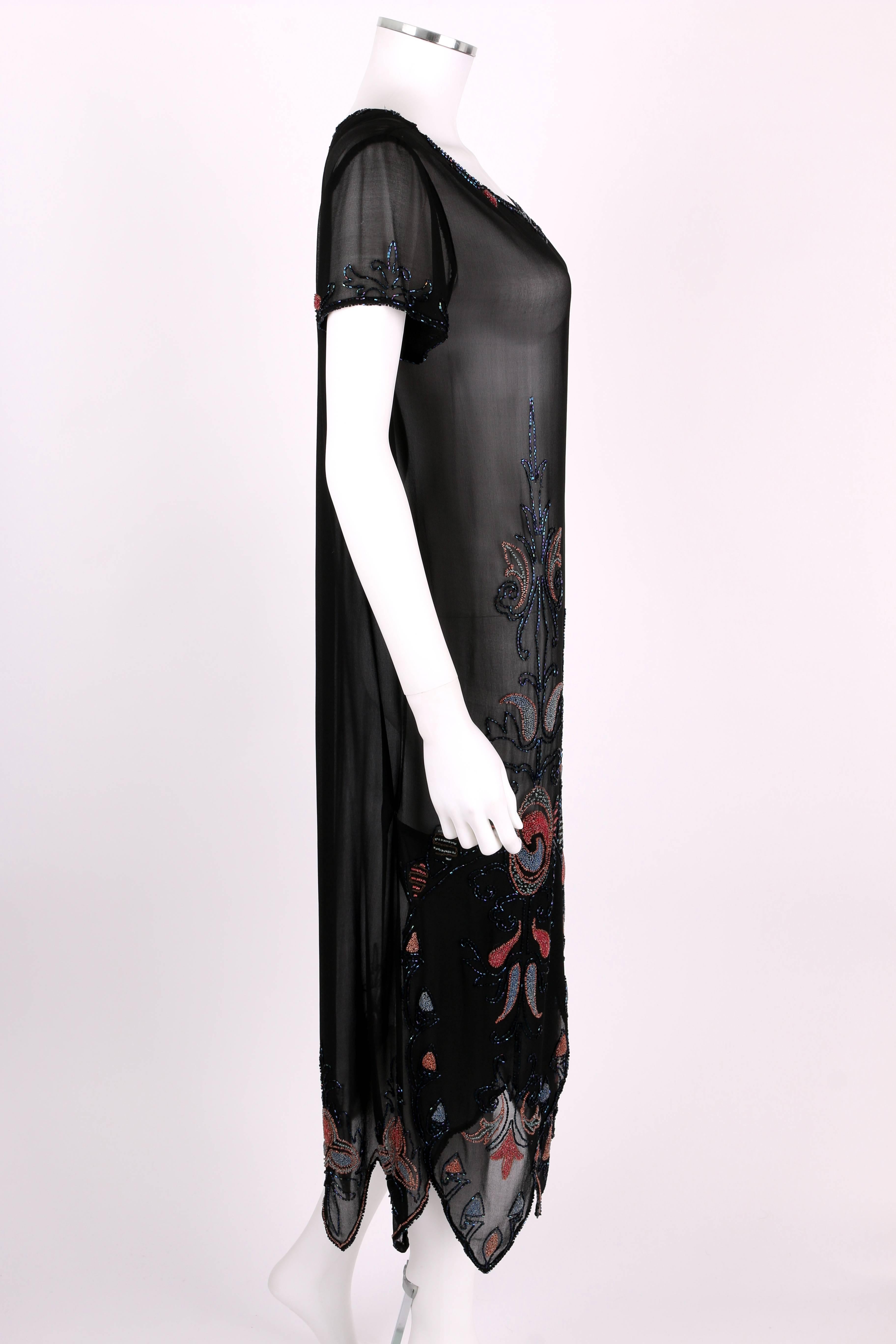 COUTURE c.1920's Black Silk Georgette Floral Glass Beaded Flapper Evening Dress In Good Condition For Sale In Thiensville, WI