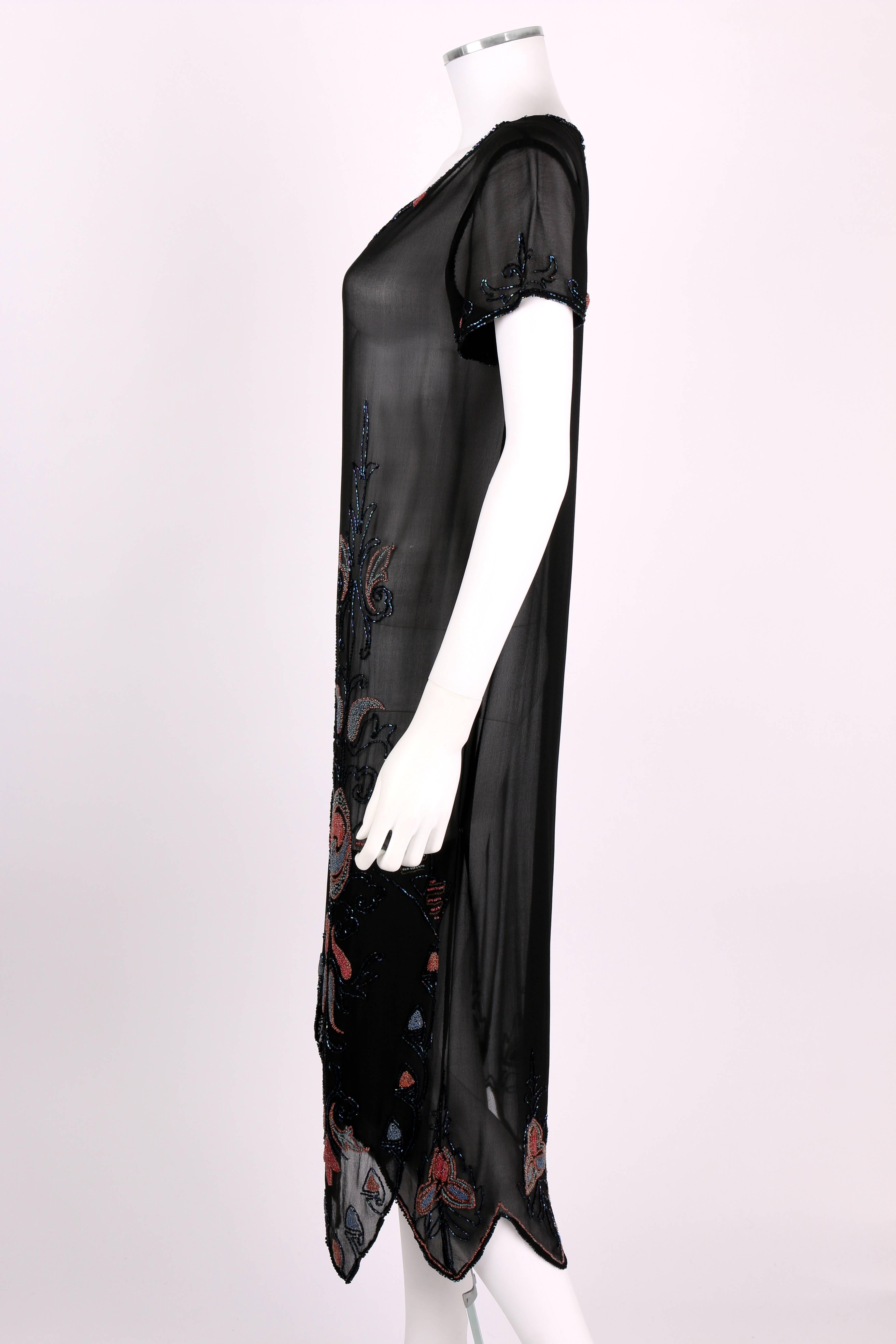 COUTURE c.1920's Black Silk Georgette Floral Glass Beaded Flapper Evening Dress For Sale 1