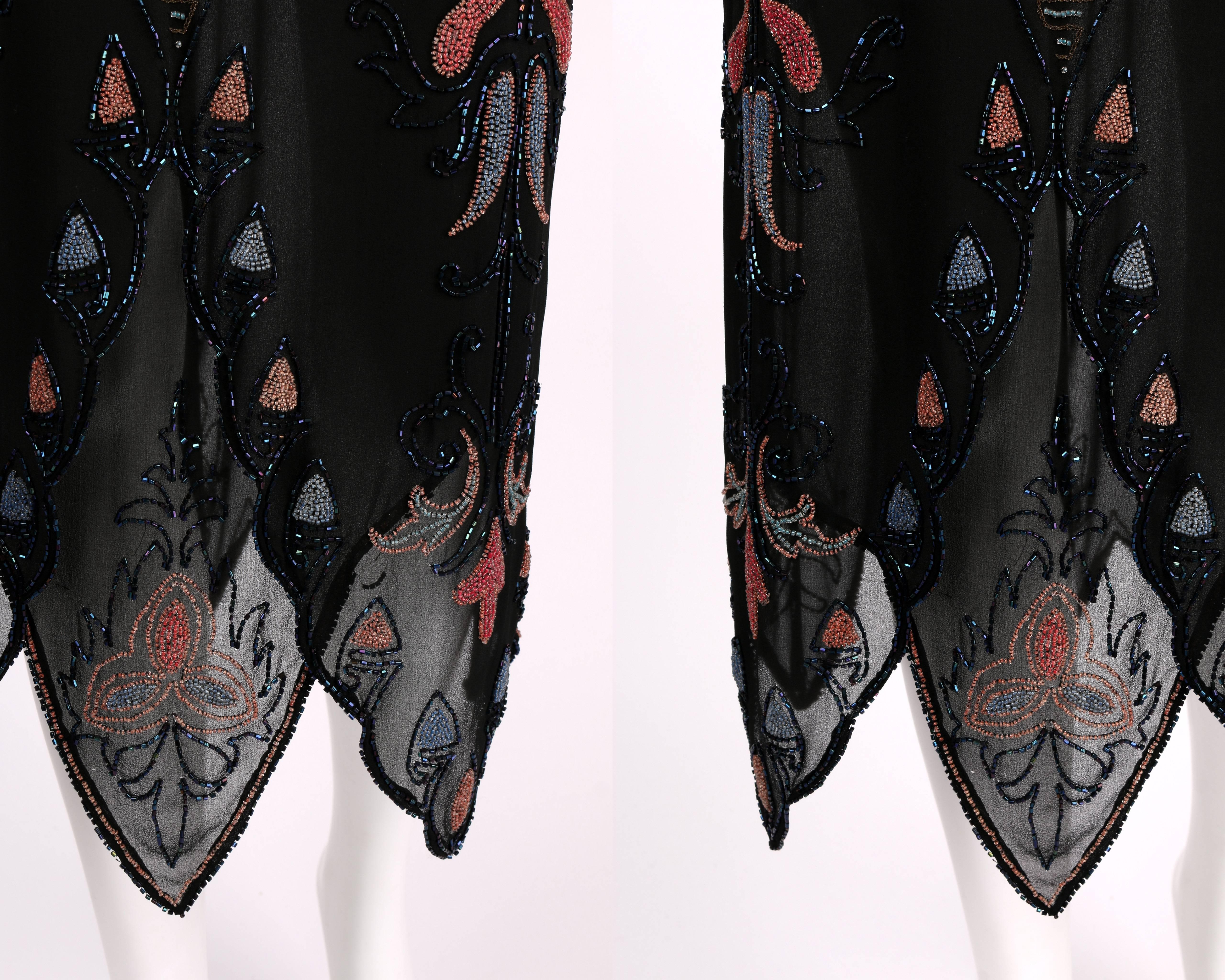 COUTURE c.1920's Black Silk Georgette Floral Glass Beaded Flapper Evening Dress For Sale 3