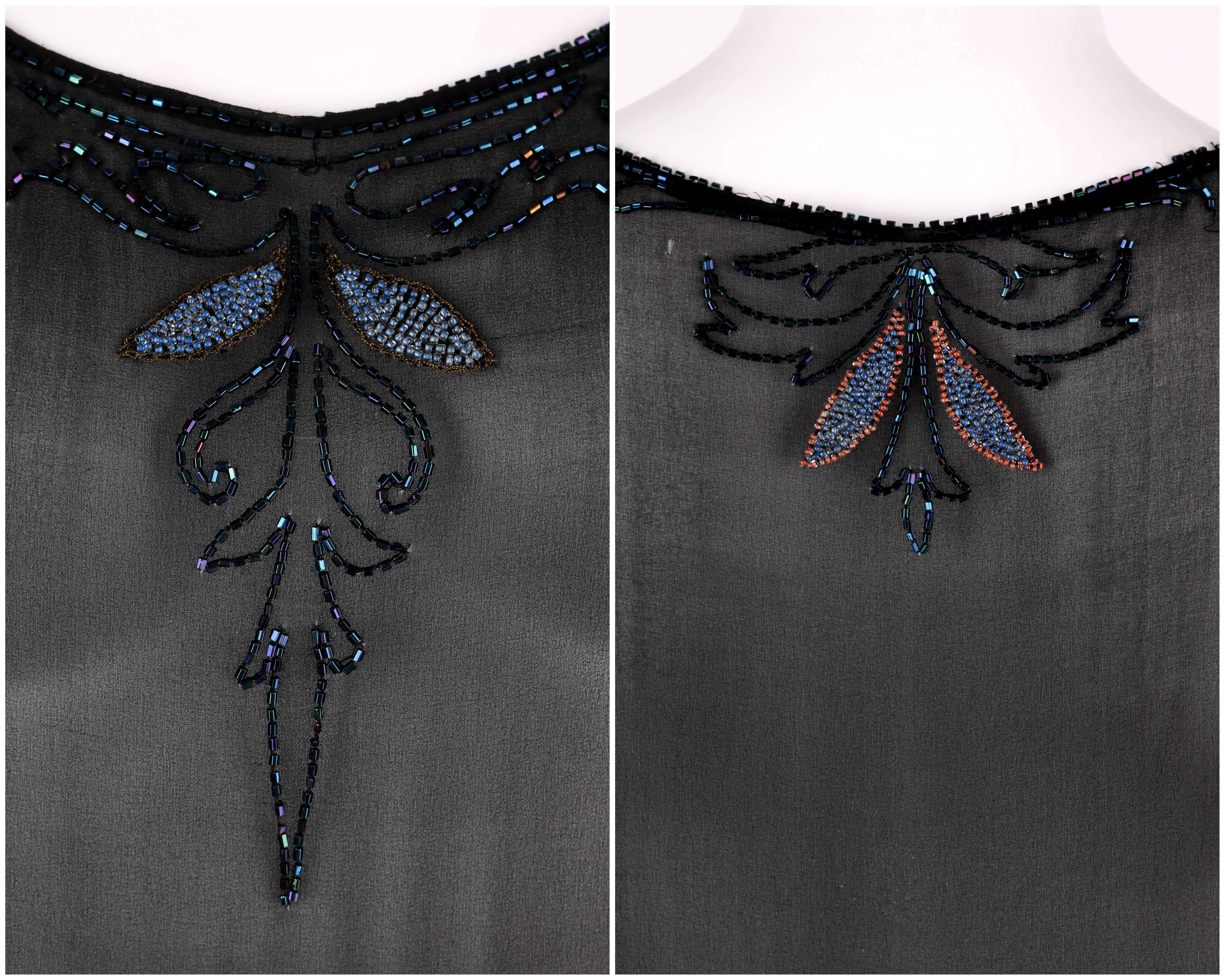 COUTURE c.1920's Black Silk Georgette Floral Glass Beaded Flapper Evening Dress For Sale 2