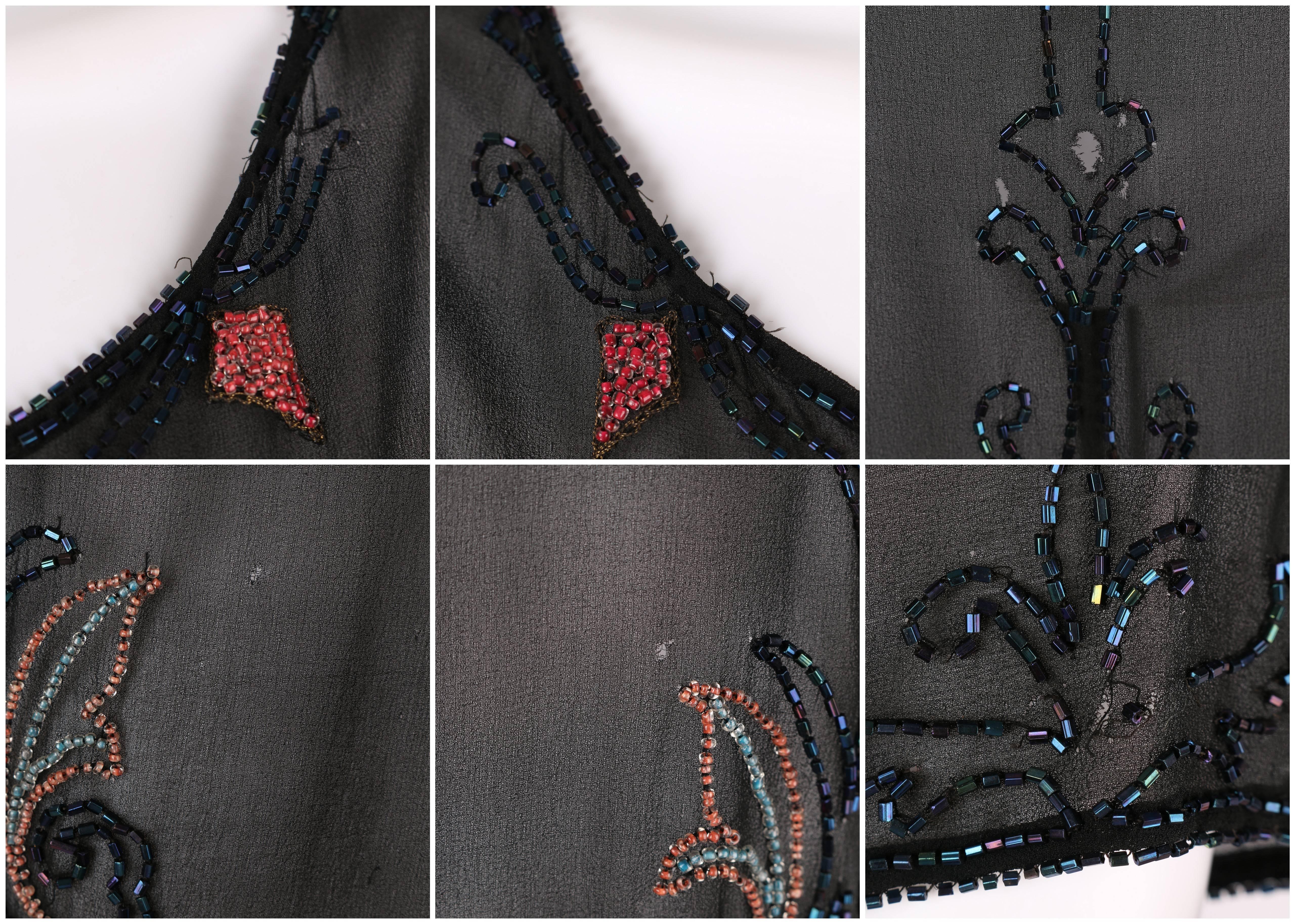 COUTURE c.1920's Black Silk Georgette Floral Glass Beaded Flapper Evening Dress For Sale 5
