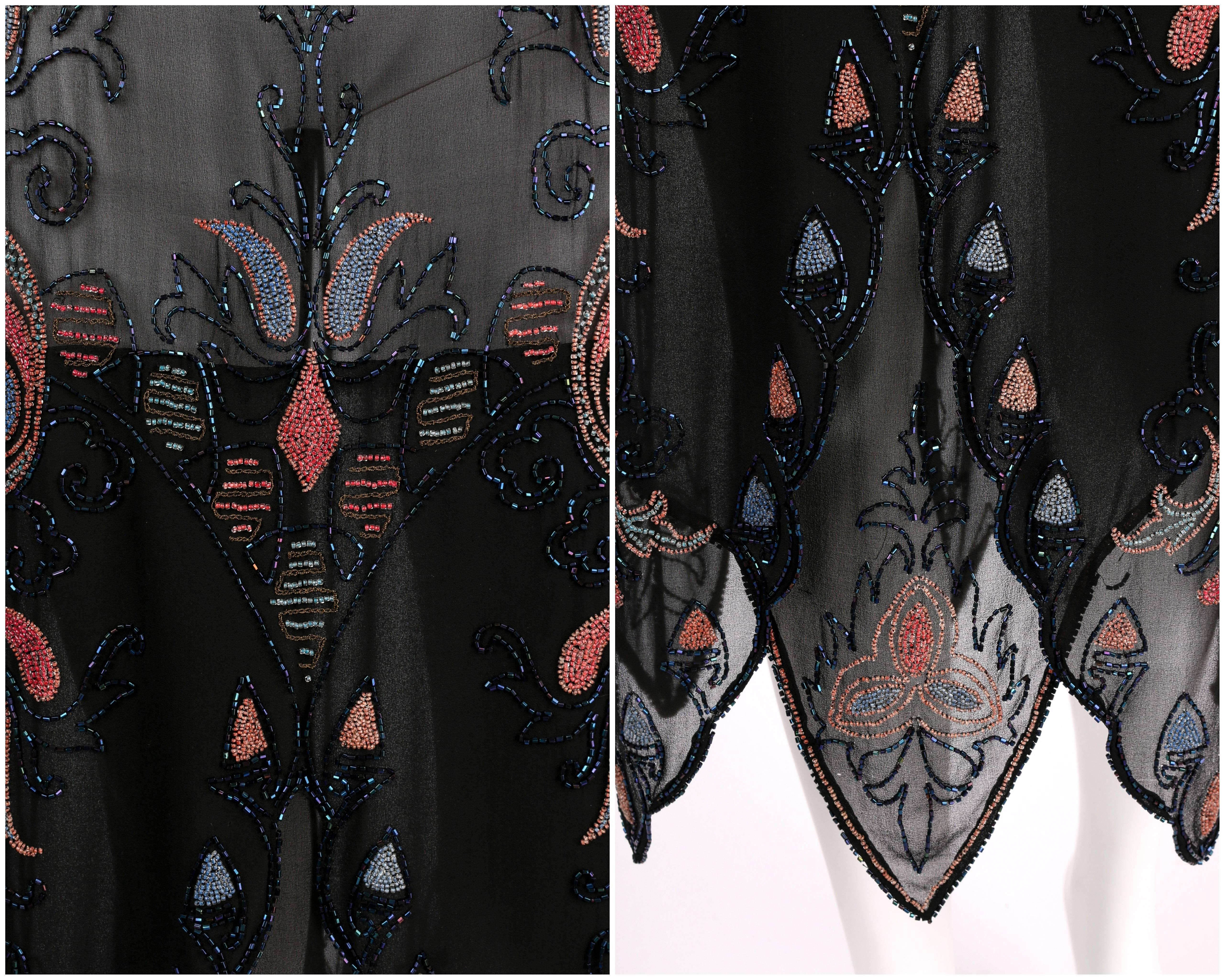 COUTURE c.1920's Black Silk Georgette Floral Glass Beaded Flapper Evening Dress For Sale 4