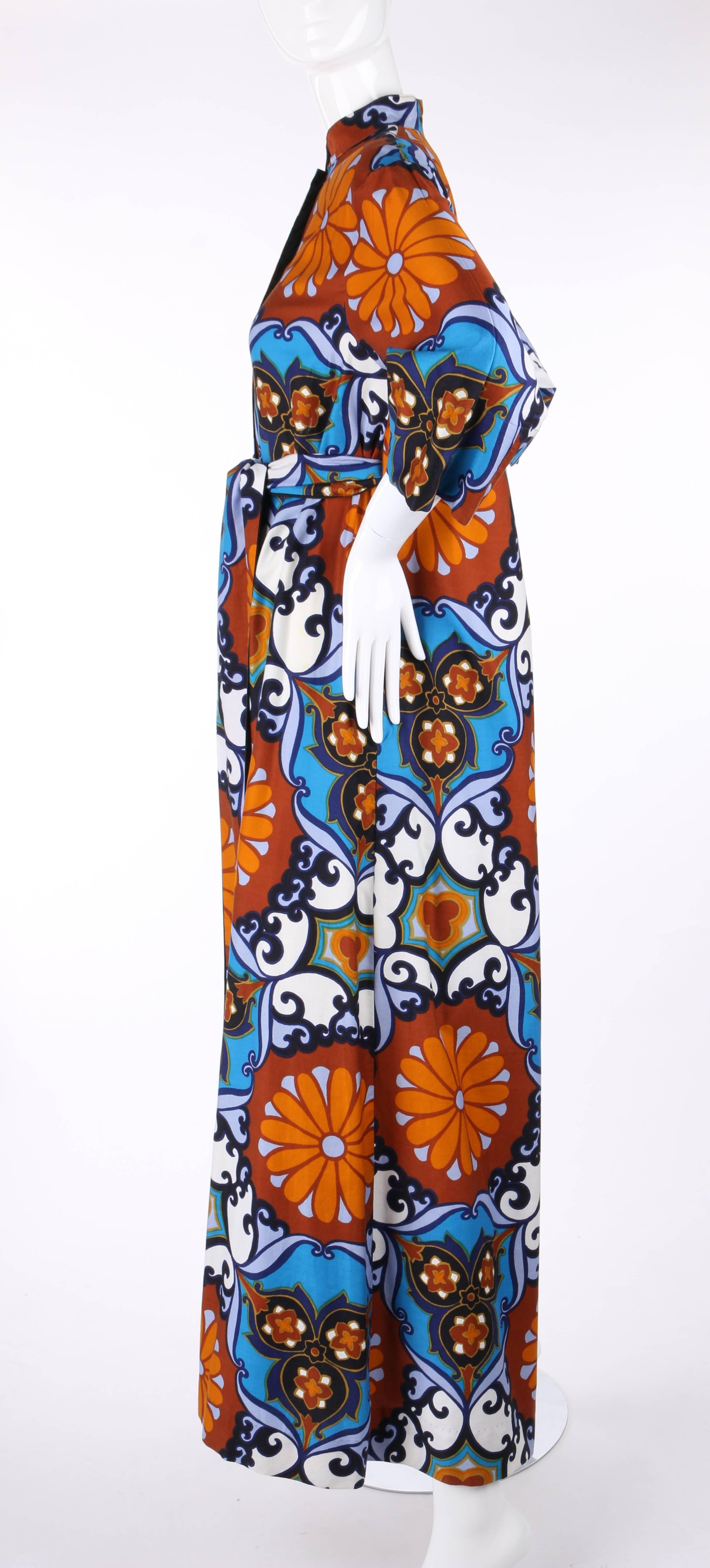 Brown PENTHOUSE GALLERY c.1970's CATHERINE OGUST Floral Print Palazzo Jumpsuit w/ Belt