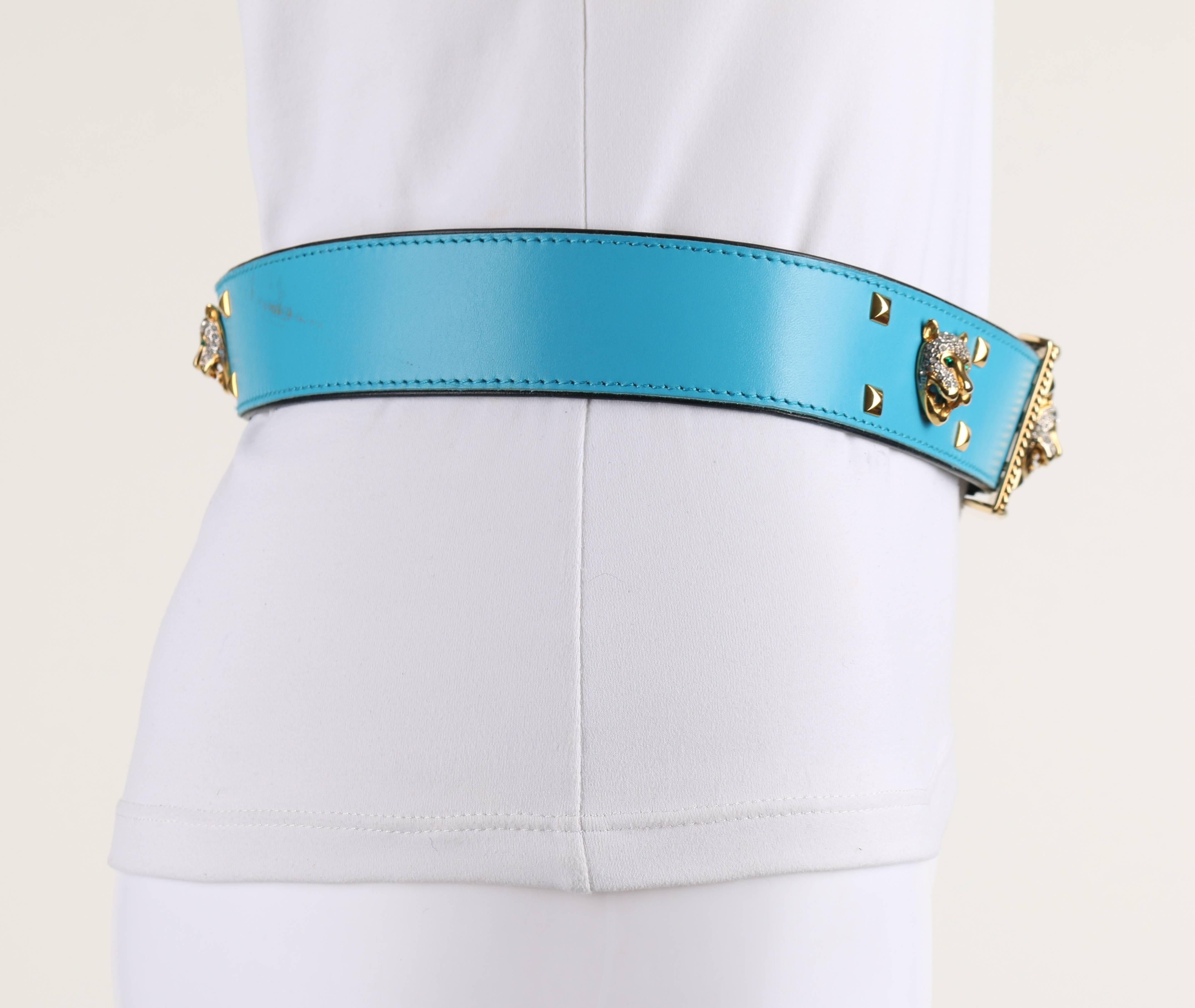 ESCADA c.1980's Turquoise Blue Leather Gold Studded Rhinestone Jaguar Belt In Excellent Condition In Thiensville, WI