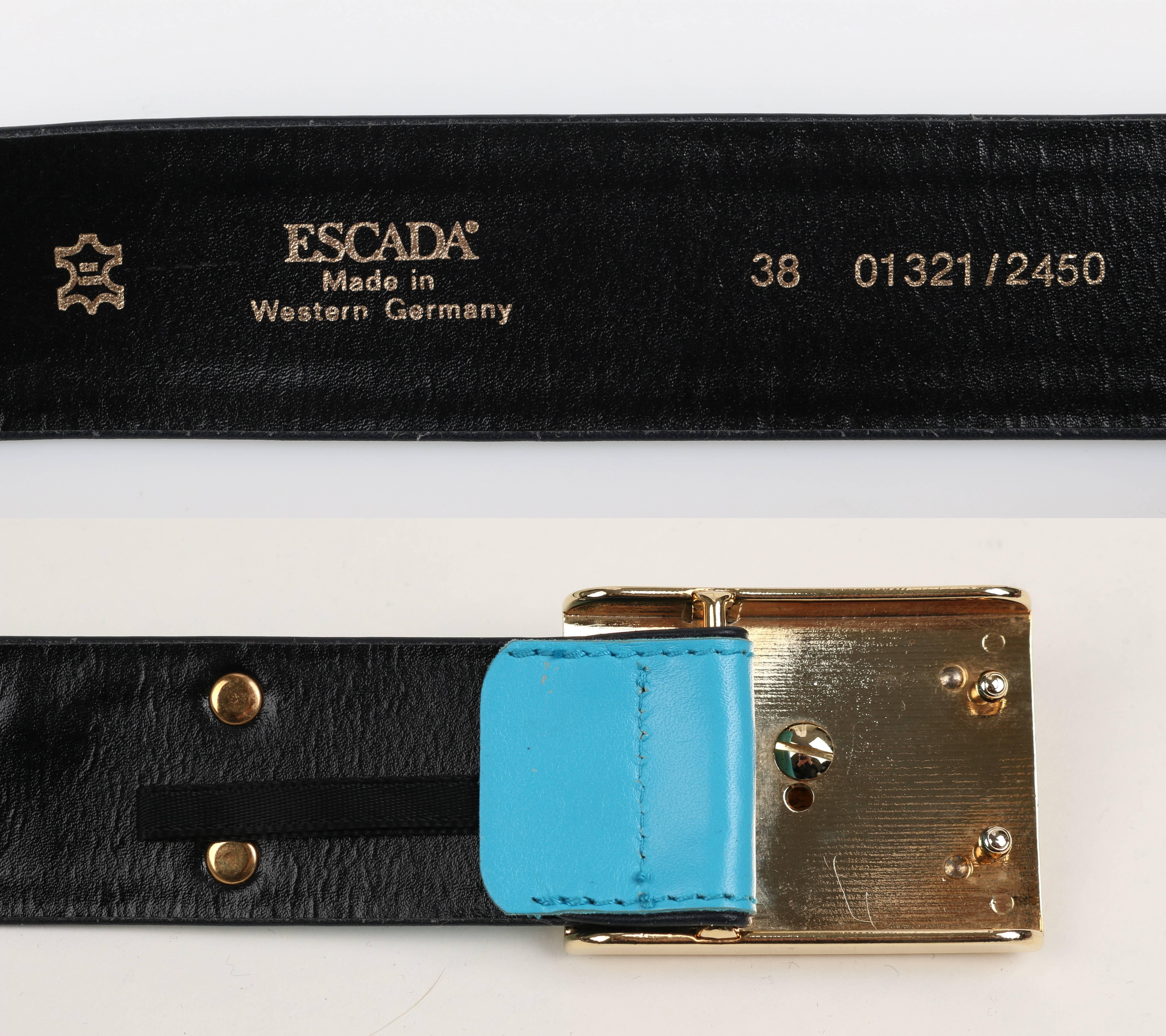 ESCADA c.1980's Turquoise Blue Leather Gold Studded Rhinestone Jaguar Belt 4