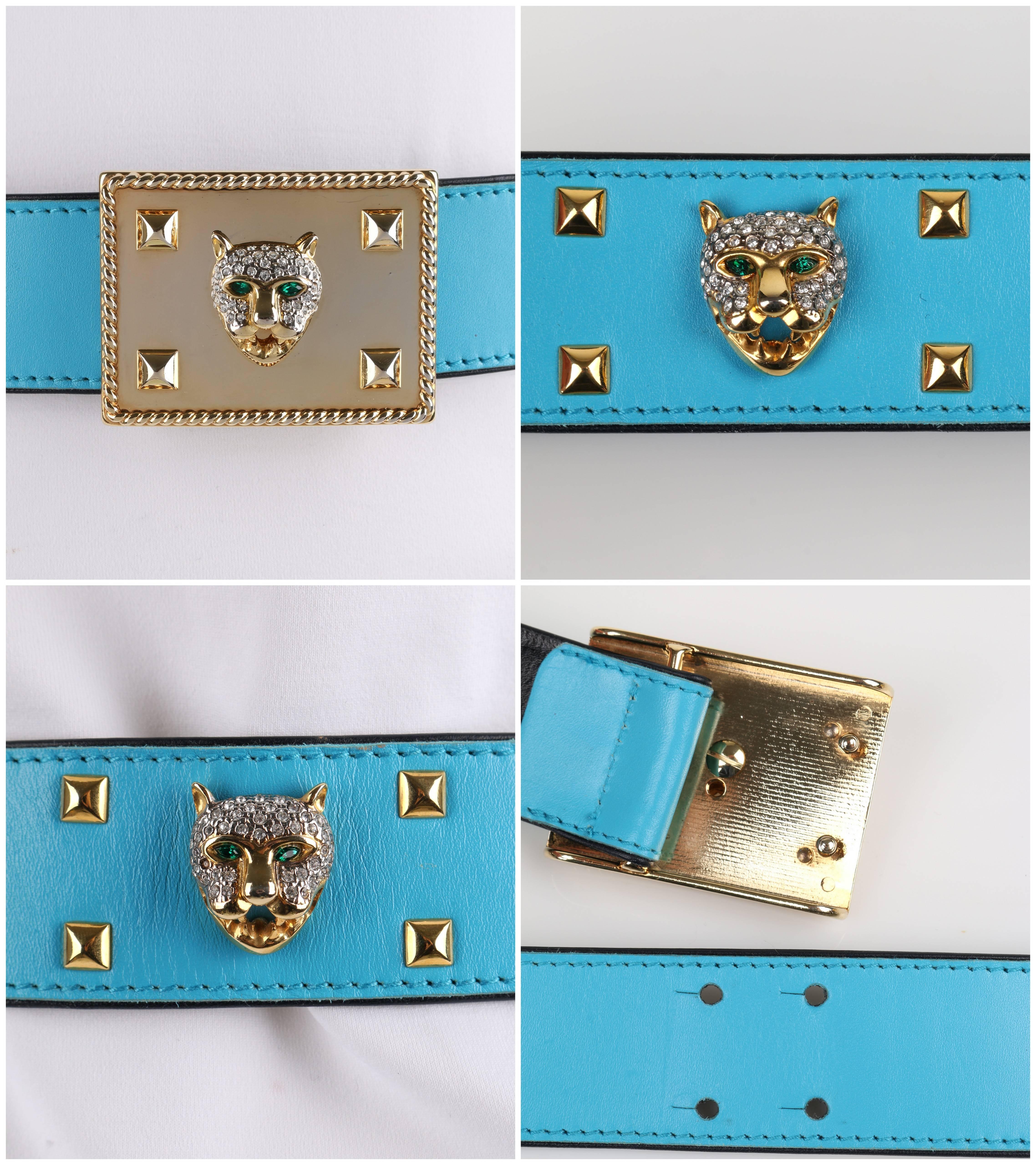 ESCADA c.1980's Turquoise Blue Leather Gold Studded Rhinestone Jaguar Belt 3