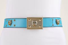 ESCADA c.1980's Turquoise Blue Leather Gold Studded Rhinestone Jaguar Belt