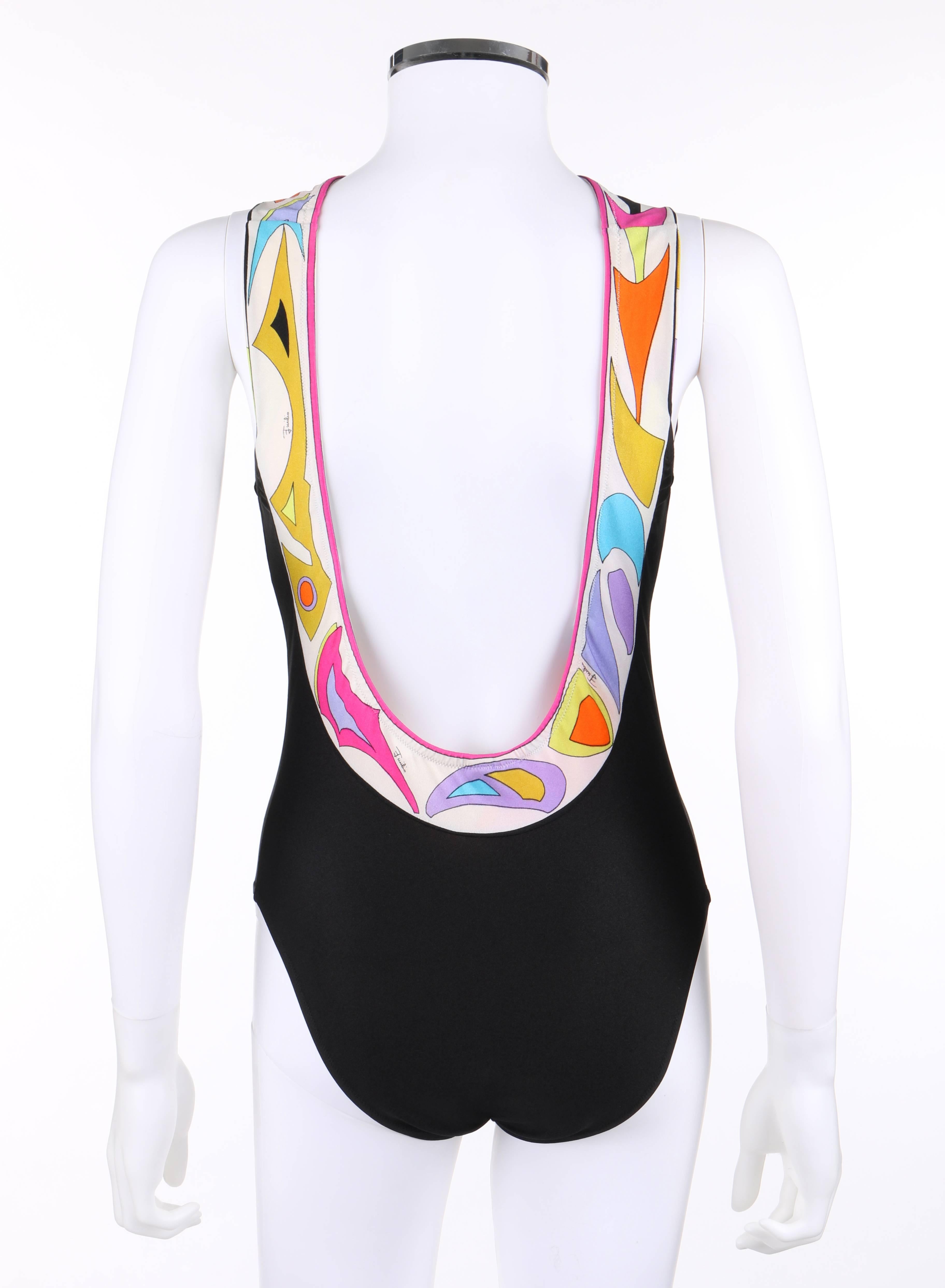 EMILIO PUCCI c.1970's Black Multicolor Abstract Boarder Print Bathing Swimsuit In Good Condition In Thiensville, WI