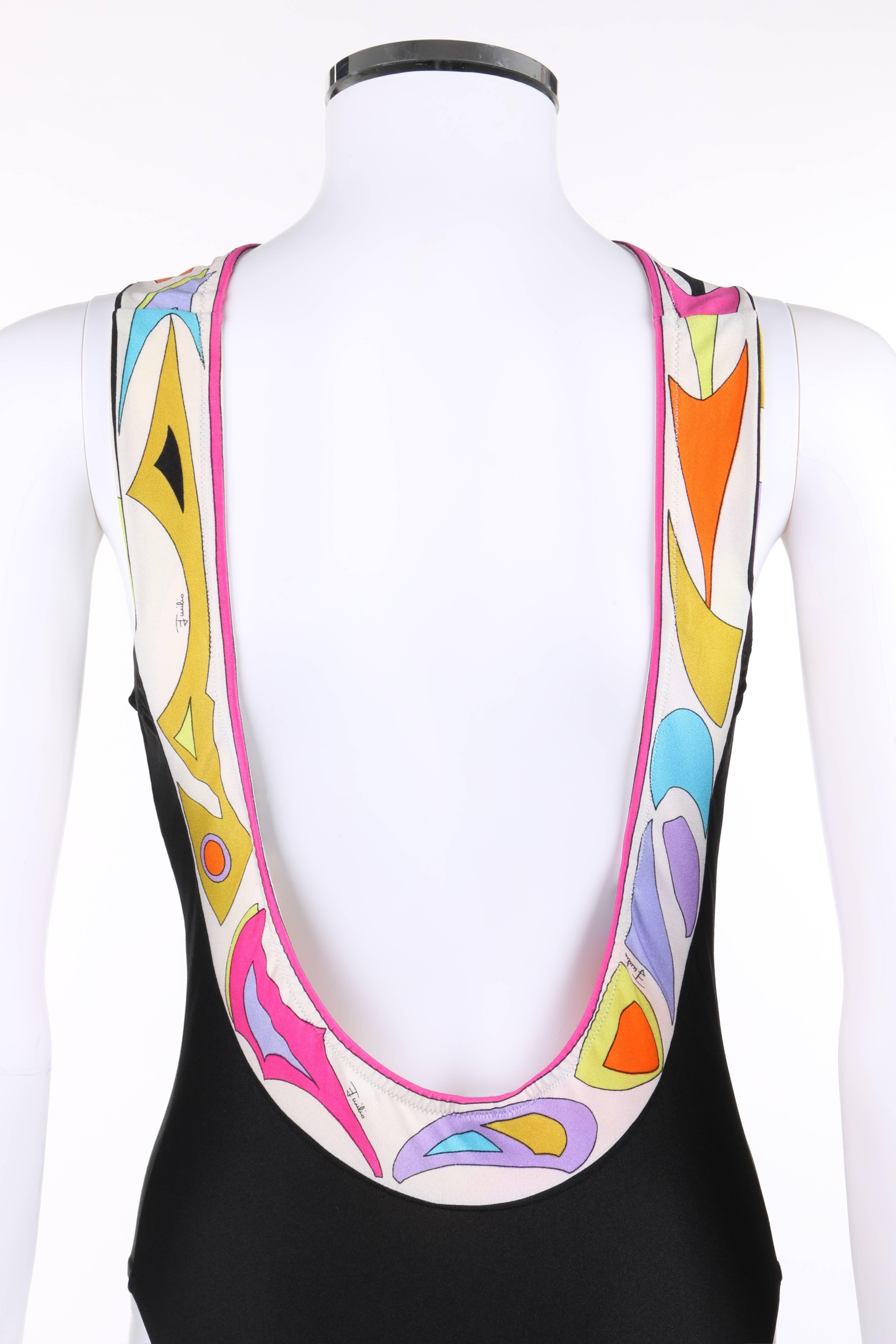 EMILIO PUCCI c.1970's Black Multicolor Abstract Boarder Print Bathing Swimsuit 2