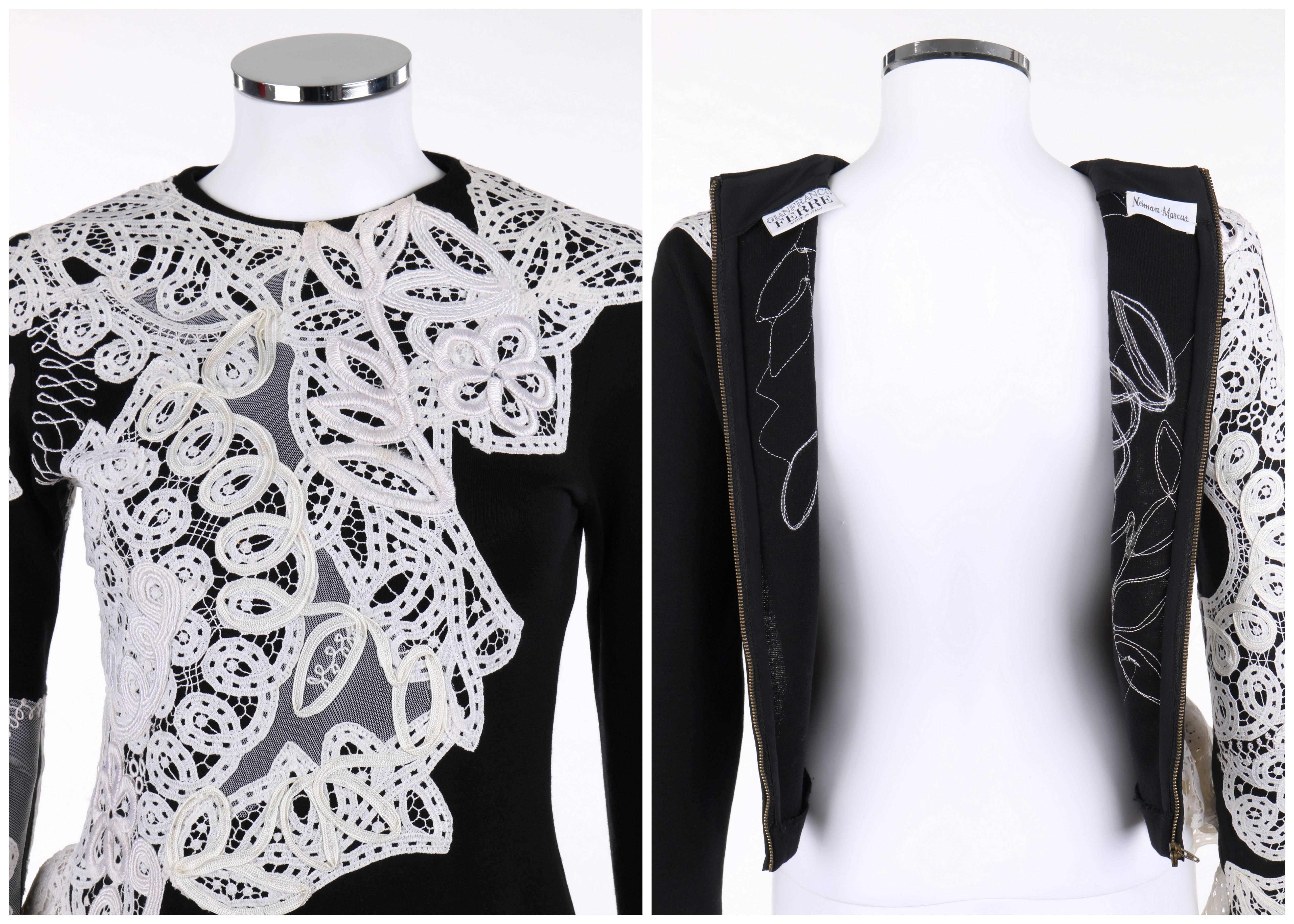 GIANFRANCO FERRE A/W 1988 Black Wool Knit White Avant Garde Lace Applique Top In Excellent Condition In Thiensville, WI