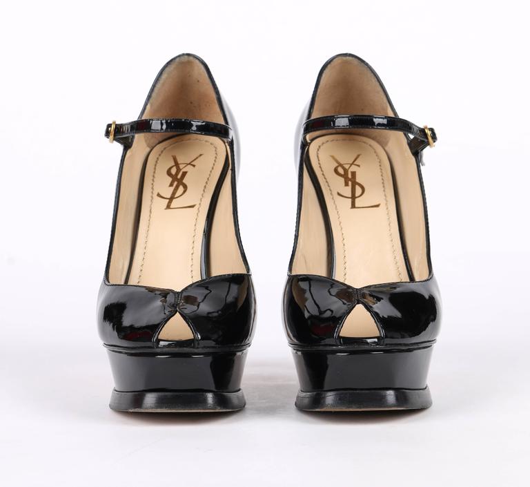 Yves Saint Laurent Black Patent Leather Open Toe Tribute Too Heels Size  9/39.5 - Yoogi's Closet