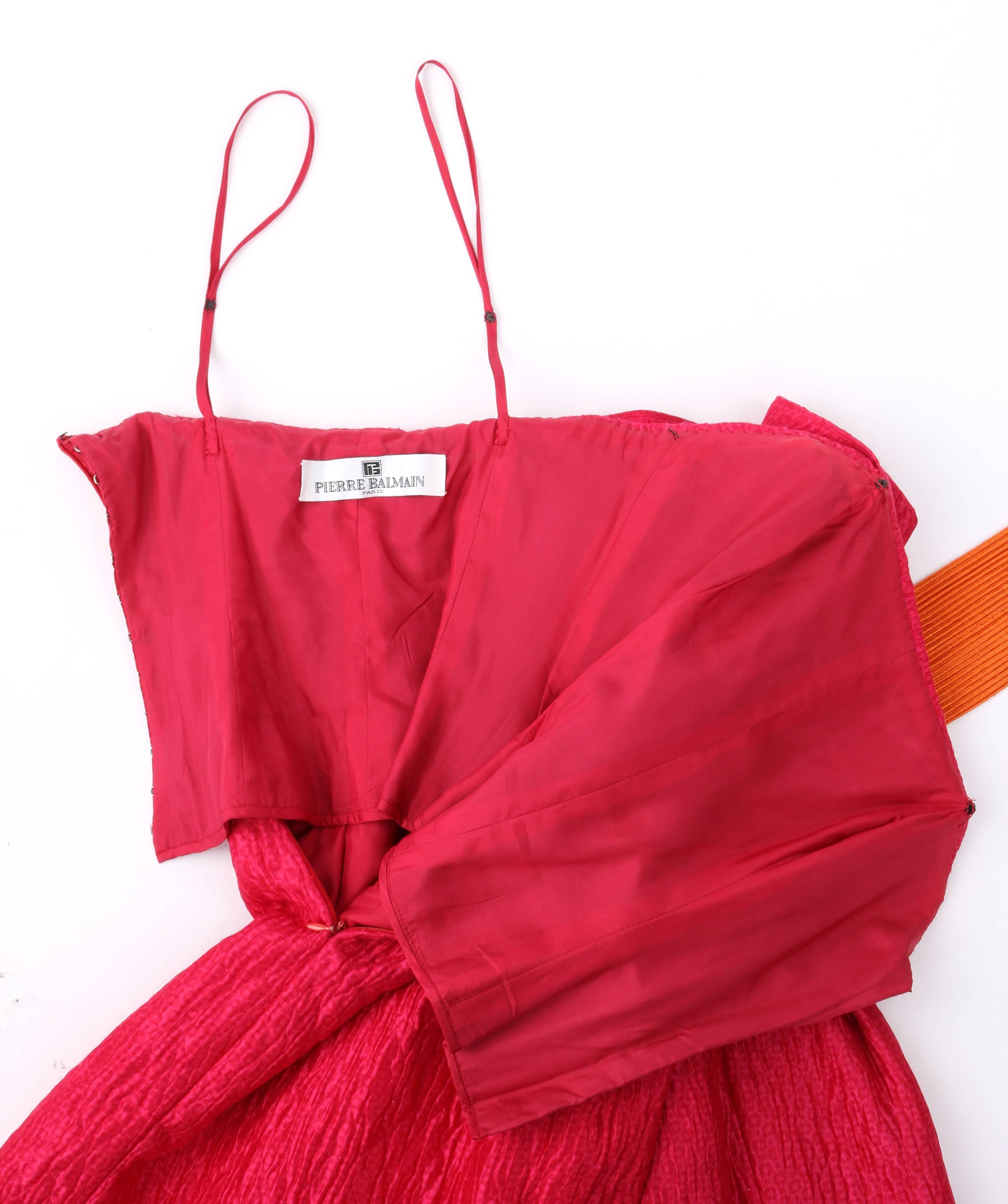 PIERRE BALMAIN c.1980's Bright Pink Silk Strapless Orange Belted Cocktail Dress For Sale 2