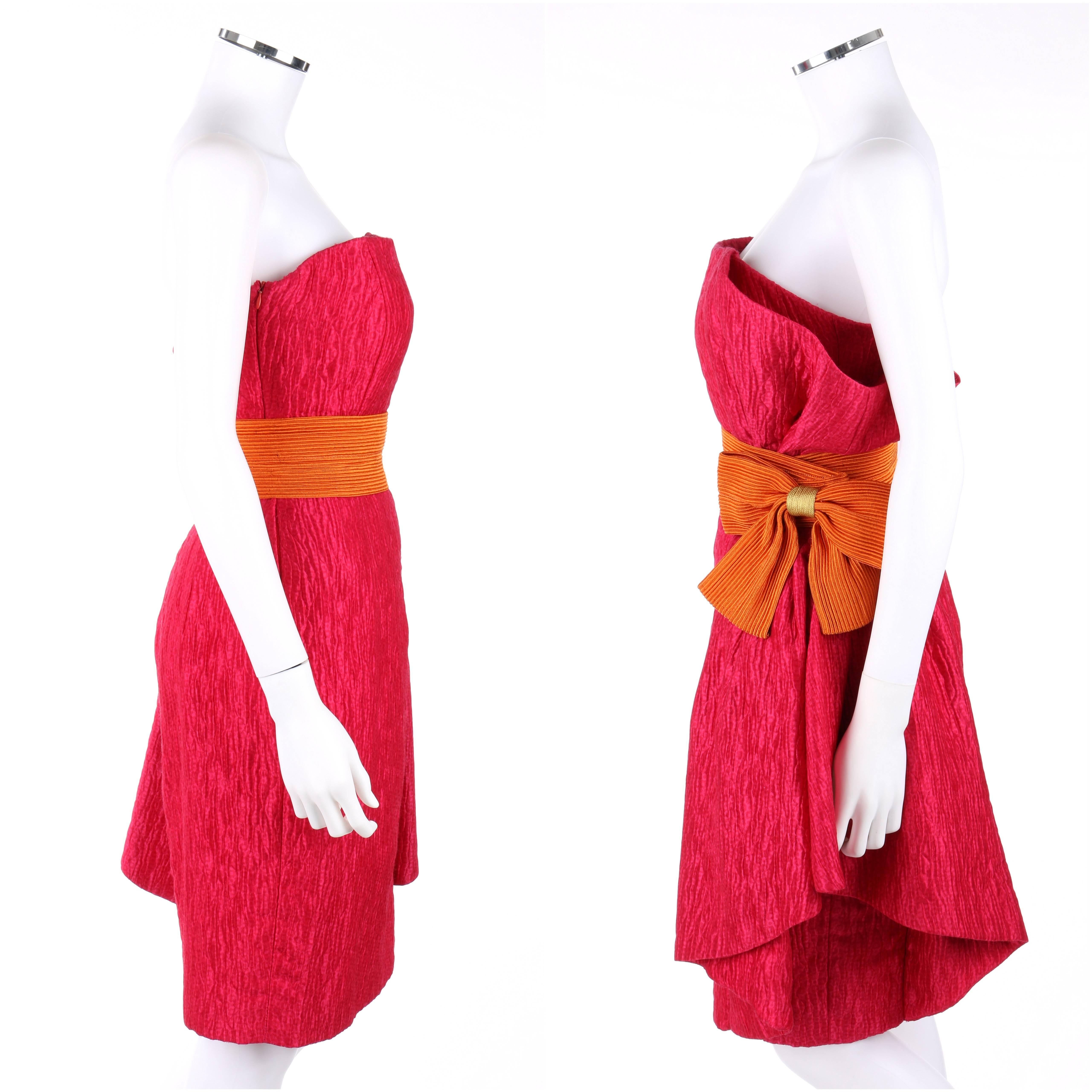 Red PIERRE BALMAIN c.1980's Bright Pink Silk Strapless Orange Belted Cocktail Dress For Sale