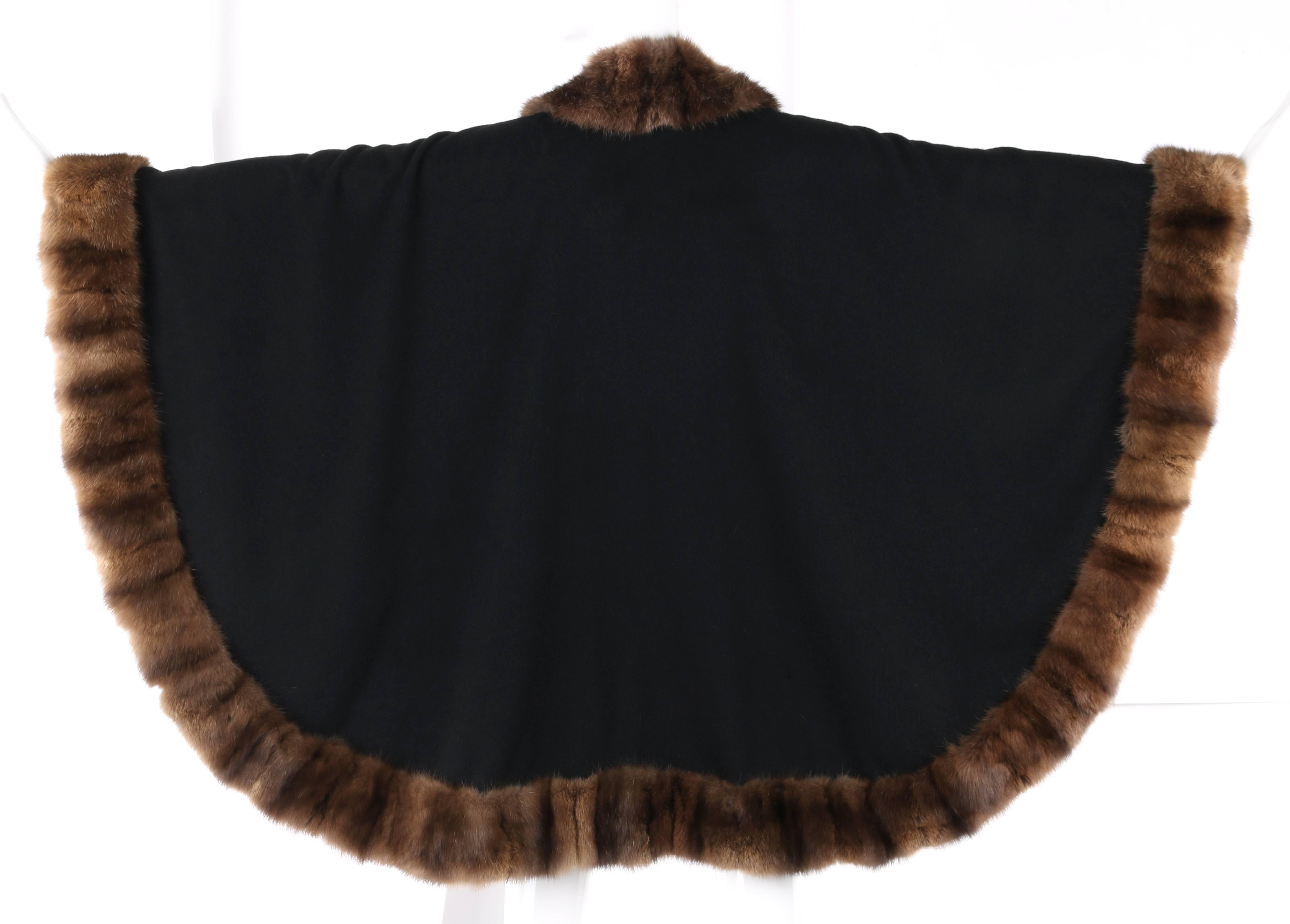 RANDOLPH DUKE Black Cashmere Cape Natural Brown Sable Fur Trimmed Shawl Wrap In Excellent Condition In Thiensville, WI