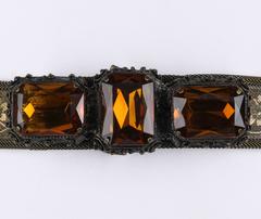 VICTORIAN REVIVAL c.1930's Bronze Floral Metal Mesh Amber Quartz Jeweled Belt