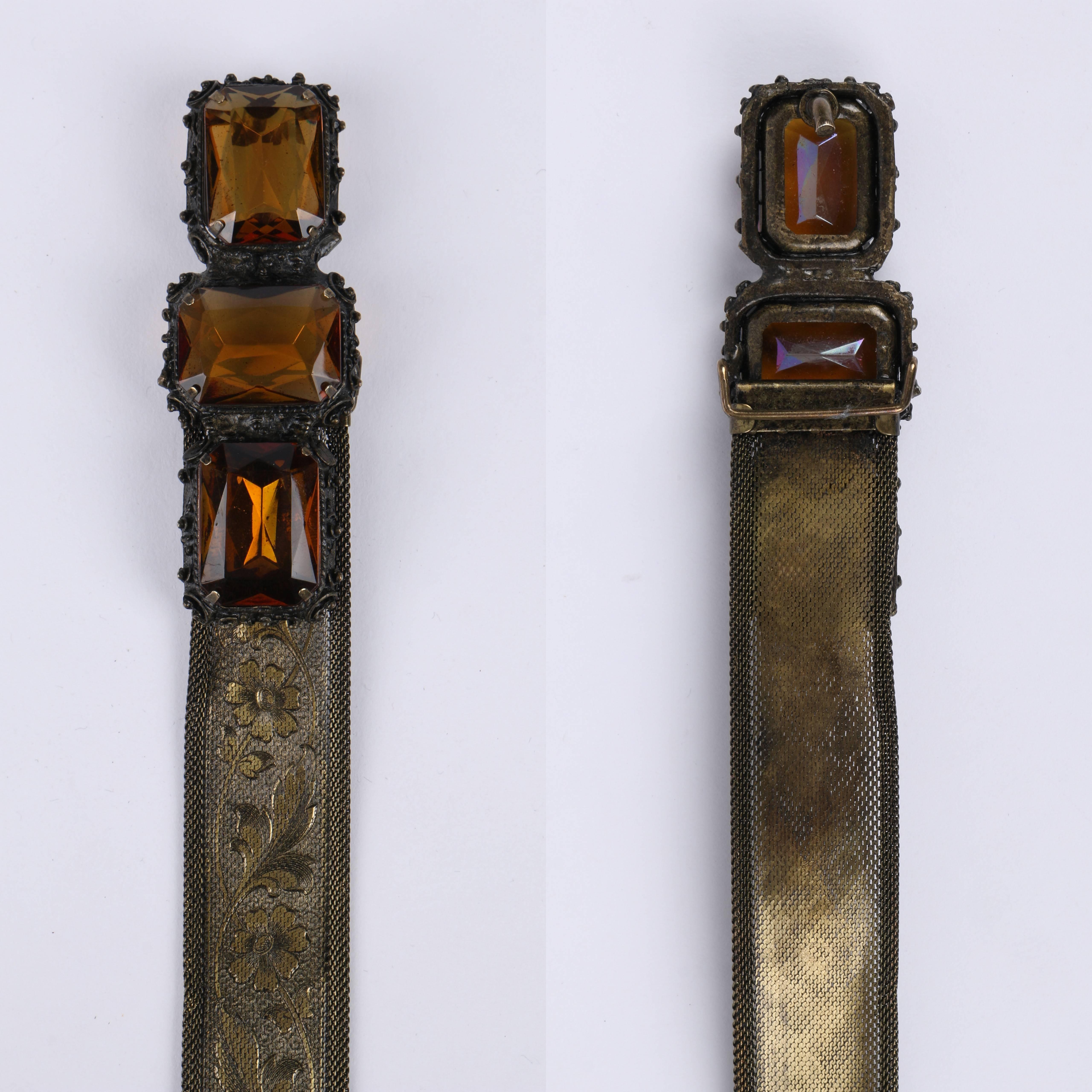 Brown VICTORIAN REVIVAL c.1930's Bronze Floral Metal Mesh Amber Quartz Jeweled Belt For Sale