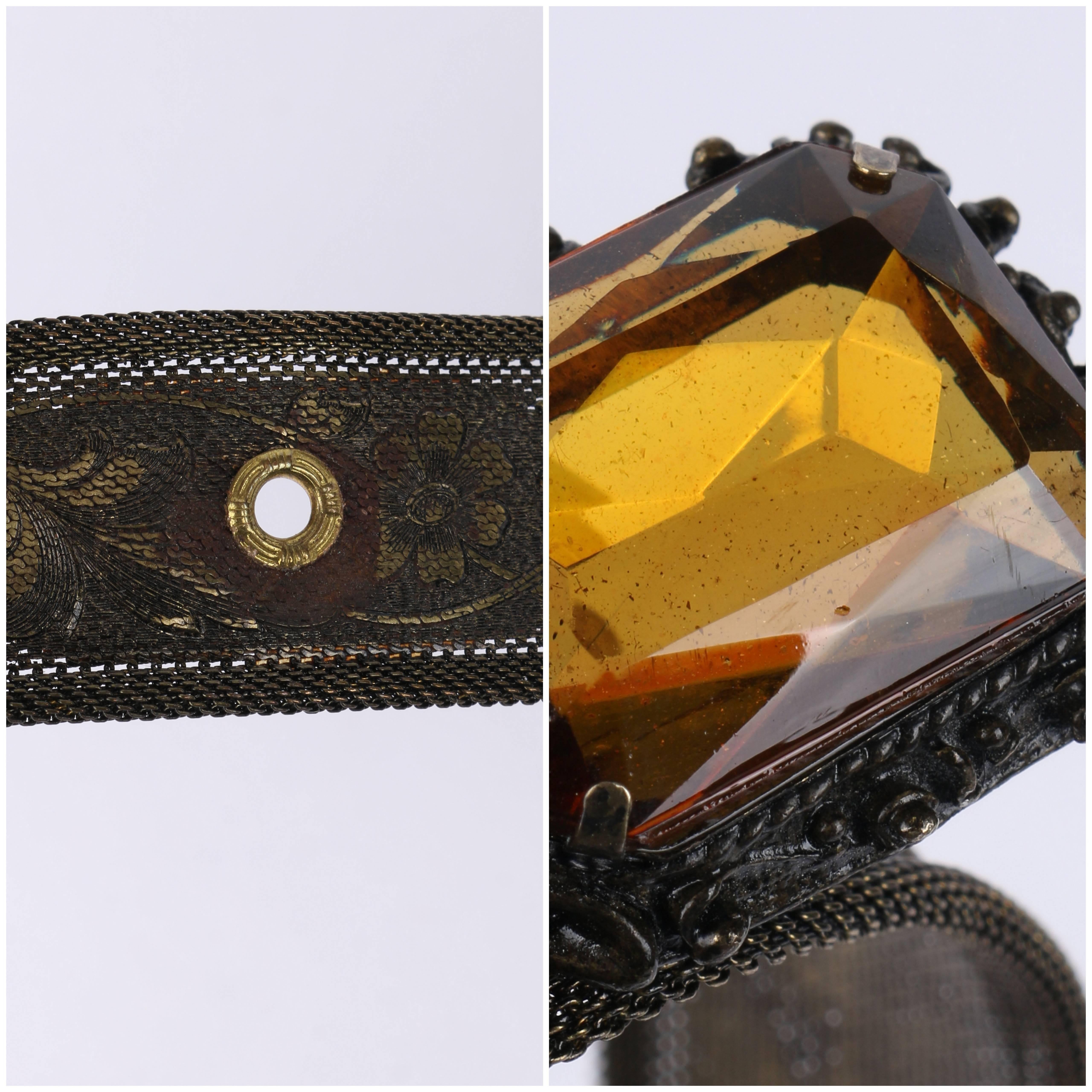 VICTORIAN REVIVAL c.1930's Bronze Floral Metal Mesh Amber Quartz Jeweled Belt For Sale 2