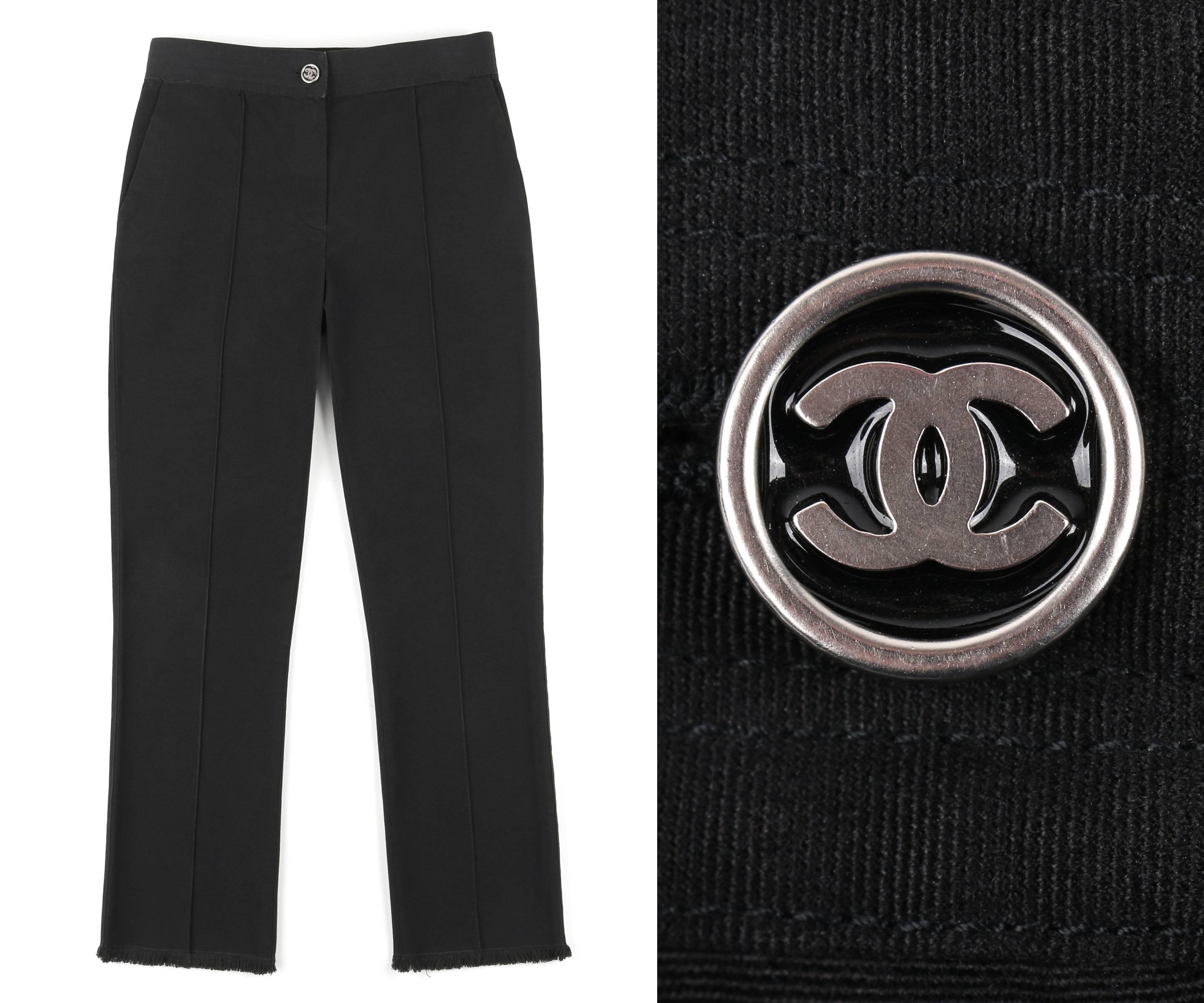Chanel S/S 2004 black cotton stretch gaberdine capri / ankle length pants. Straight cut. Center front zip fly with silver and black 