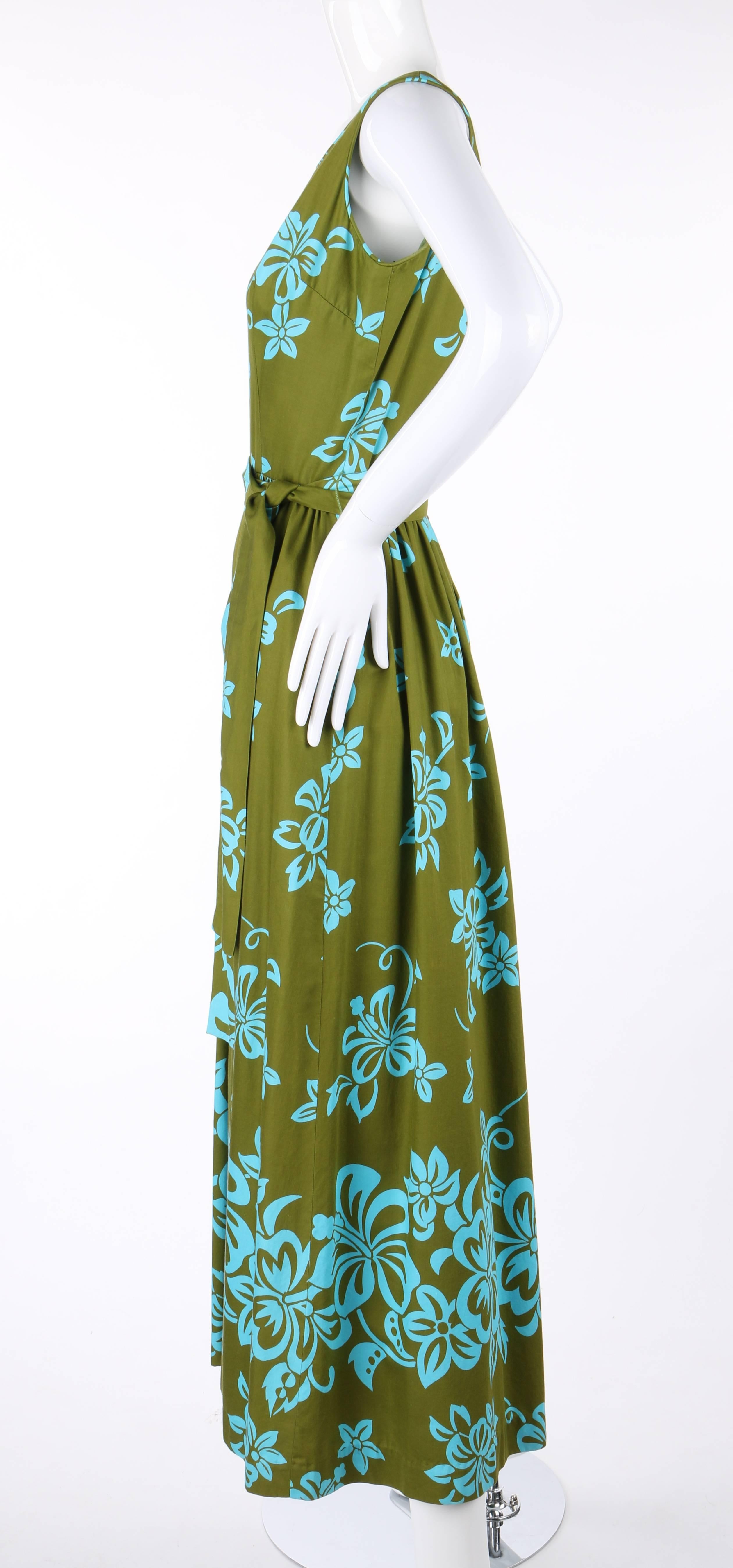 WALTAH CLARKE'S HAWAIIAN SHOP c.1960's Olive Green & Turquoise Floral Jumpsuit 1