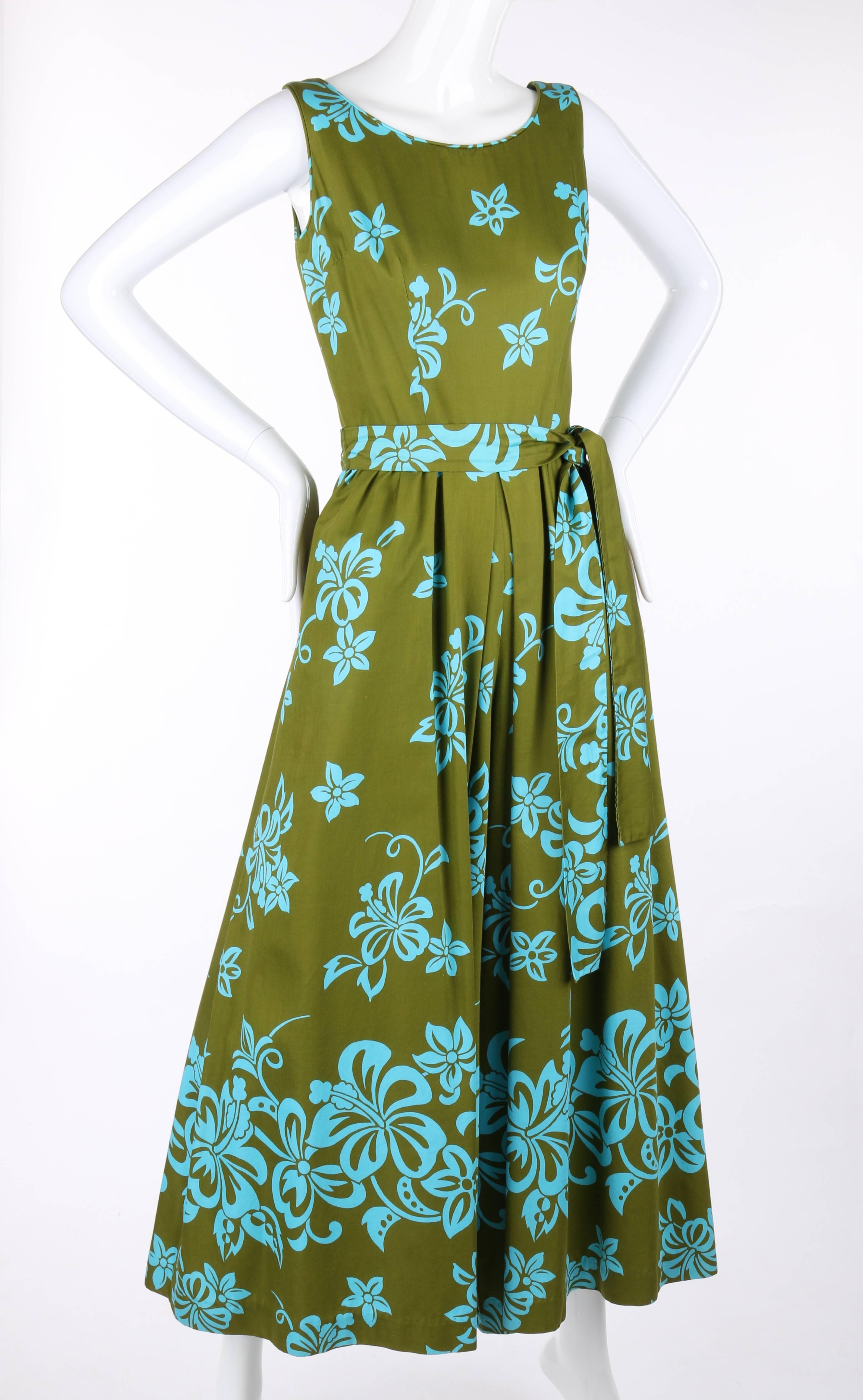 WALTAH CLARKE'S HAWAIIAN SHOP c.1960's Olive Green & Turquoise Floral Jumpsuit In Excellent Condition In Thiensville, WI