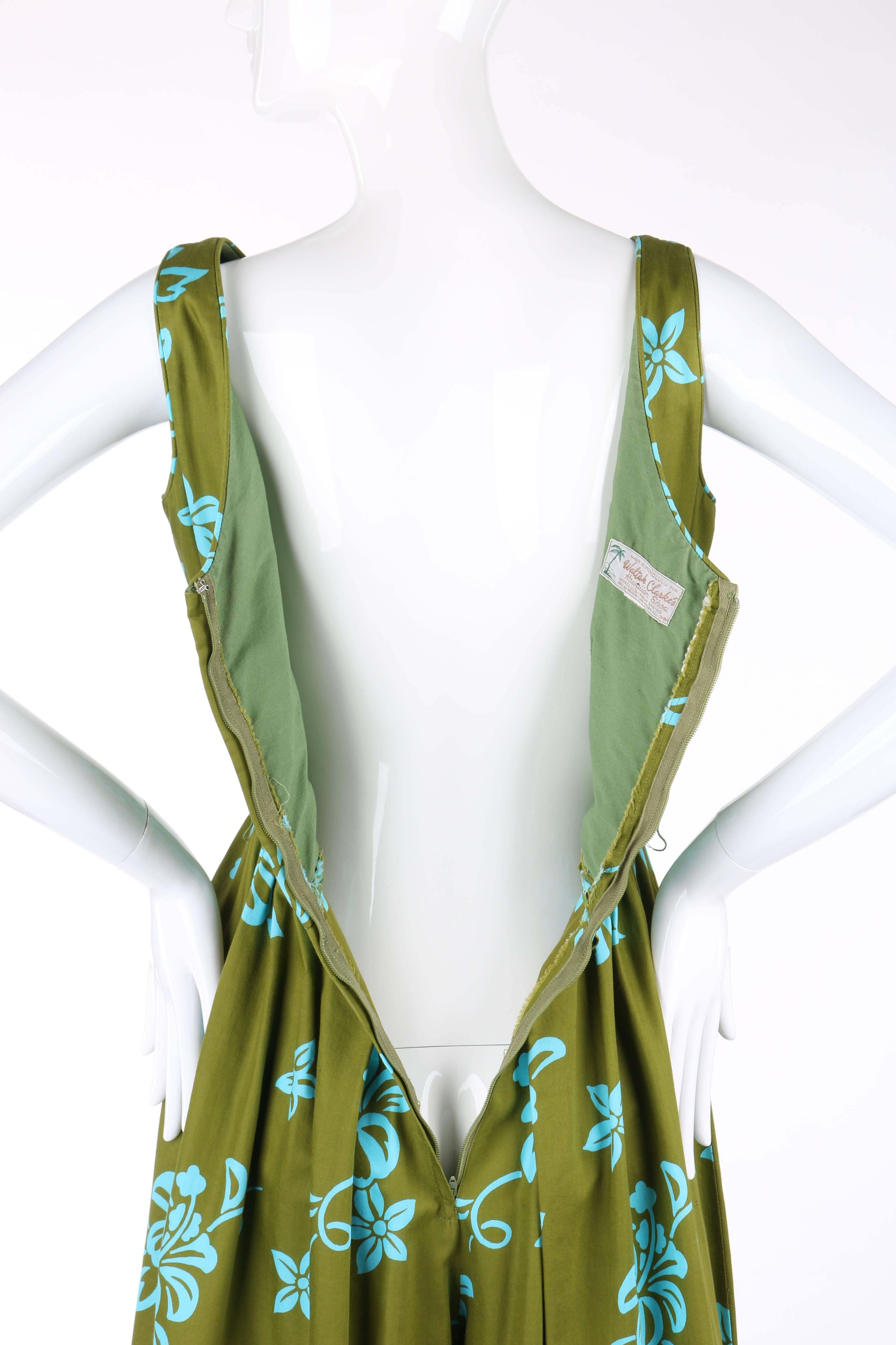 WALTAH CLARKE'S HAWAIIAN SHOP c.1960's Olive Green & Turquoise Floral Jumpsuit 3