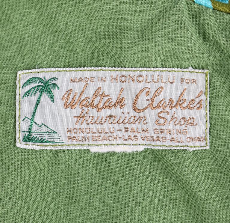 WALTAH CLARKE'S HAWAIIAN SHOP c.1960's Olive Green and Turquoise Floral ...