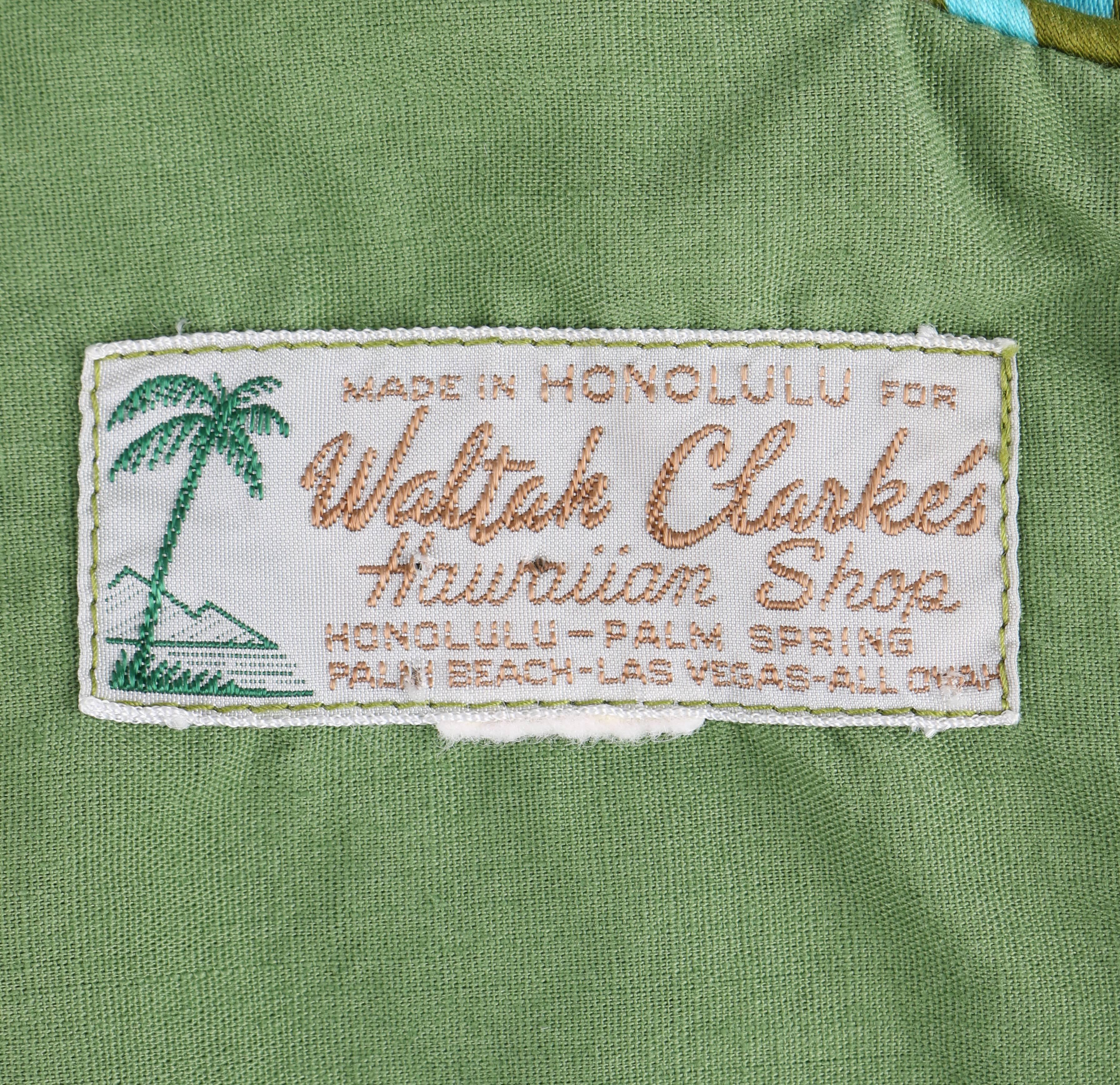 WALTAH CLARKE'S HAWAIIAN SHOP c.1960's Olive Green & Turquoise Floral Jumpsuit 4
