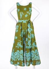 WALTAH CLARKE'S HAWAIIAN SHOP c.1960's Olive Green & Turquoise Floral Jumpsuit