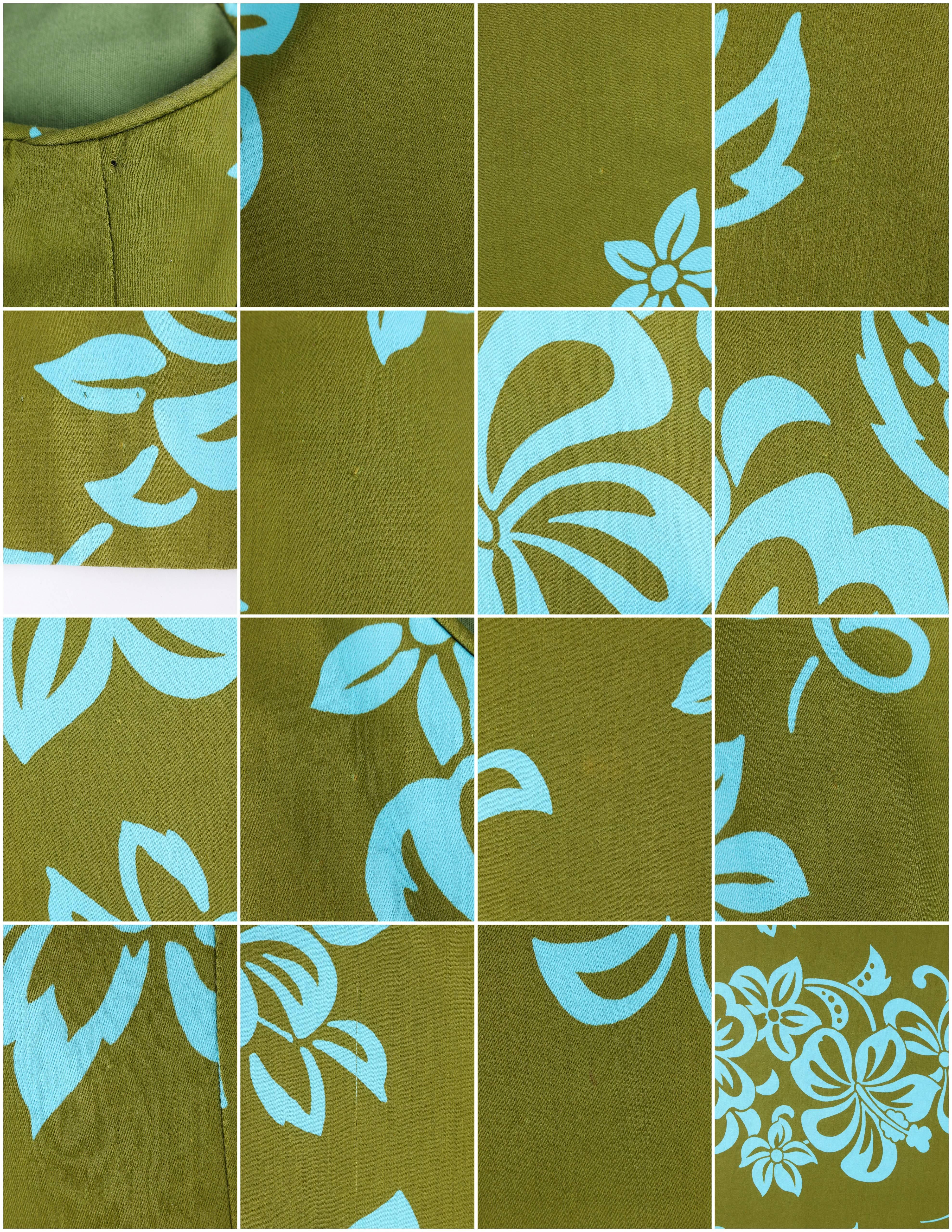 WALTAH CLARKE'S HAWAIIAN SHOP c.1960's Olive Green & Turquoise Floral Jumpsuit 5