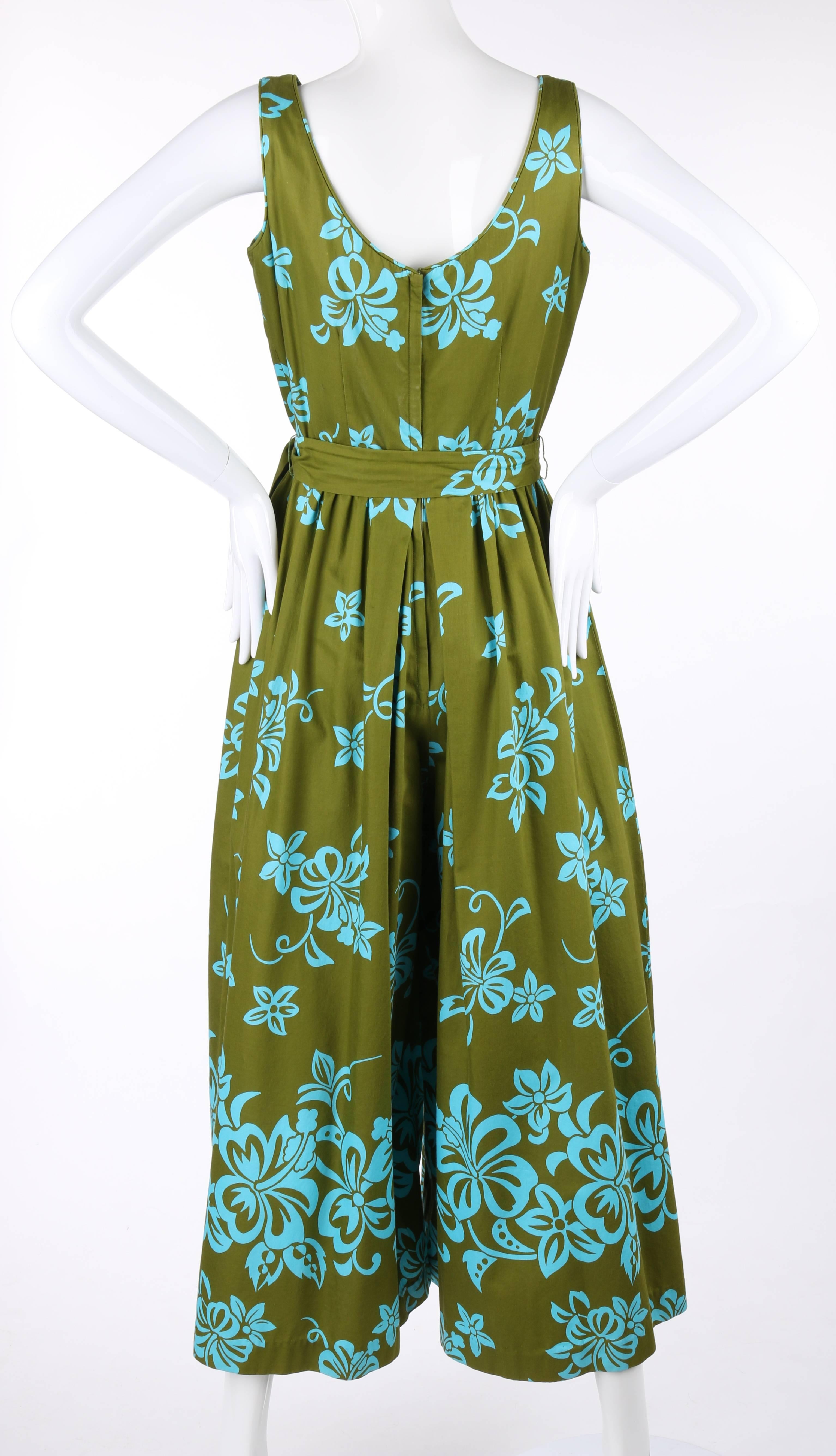 WALTAH CLARKE'S HAWAIIAN SHOP c.1960's Olive Green & Turquoise Floral Jumpsuit 2