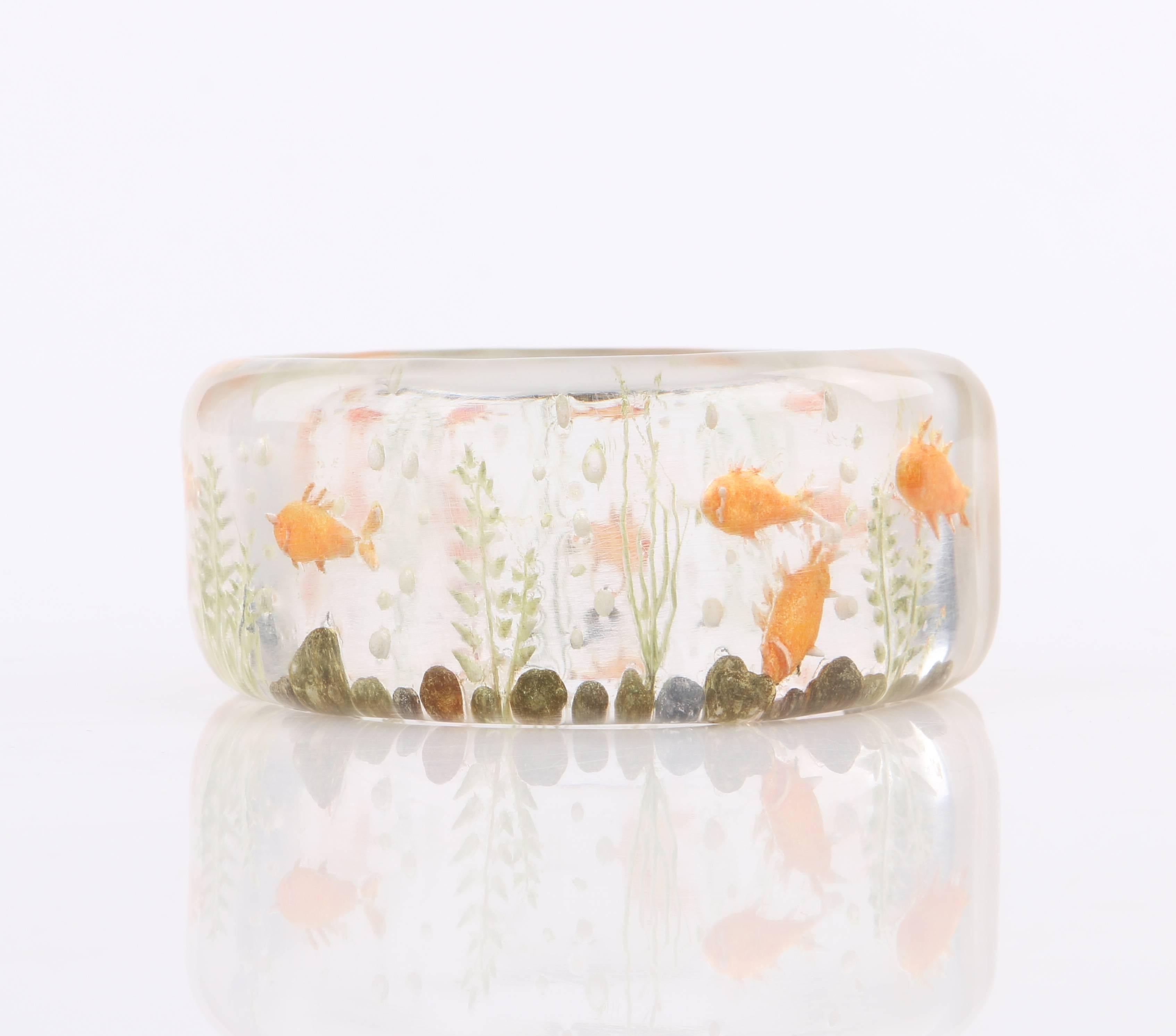 c.1940's Clear Plastic Lucite Reversed Hand Carved Goldfish Cuff Bracelet In Good Condition In Thiensville, WI
