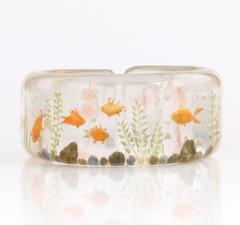 c.1940's Clear Plastic Lucite Reversed Hand Carved Goldfish Cuff Bracelet