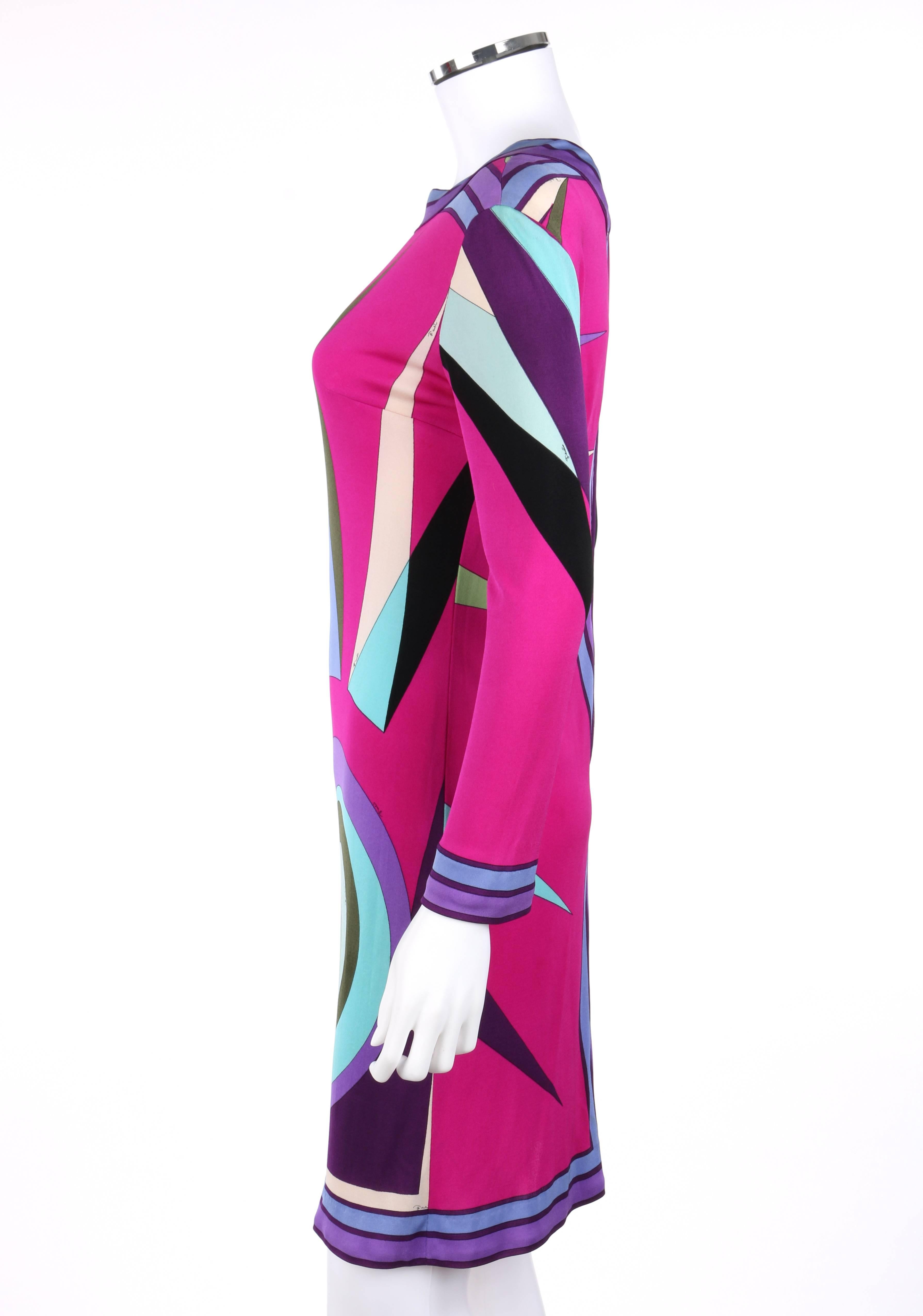 Purple EMILIO PUCCI c.1970's Magenta Multicolor Sunburst Signature Print Shift Dress