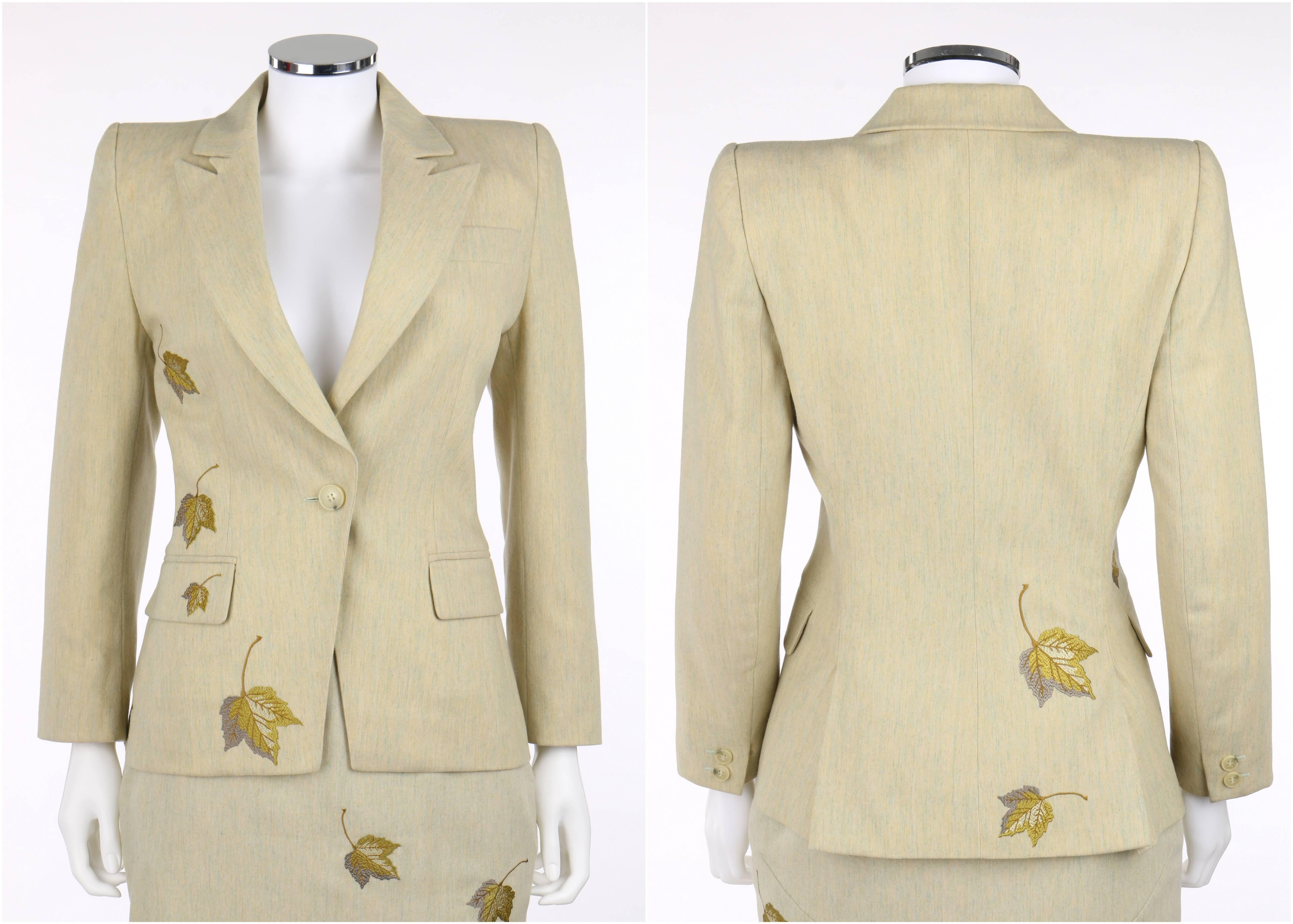 Givenchy Couture A/W 1998 3 piece jacket, skirt, and pants suit set designed by Alexander McQueen. Pale yellow with hints of light blue wool cashmere blend. Three notch lapel collar jacket. Long sleeves with two mock button closures at cuffs.