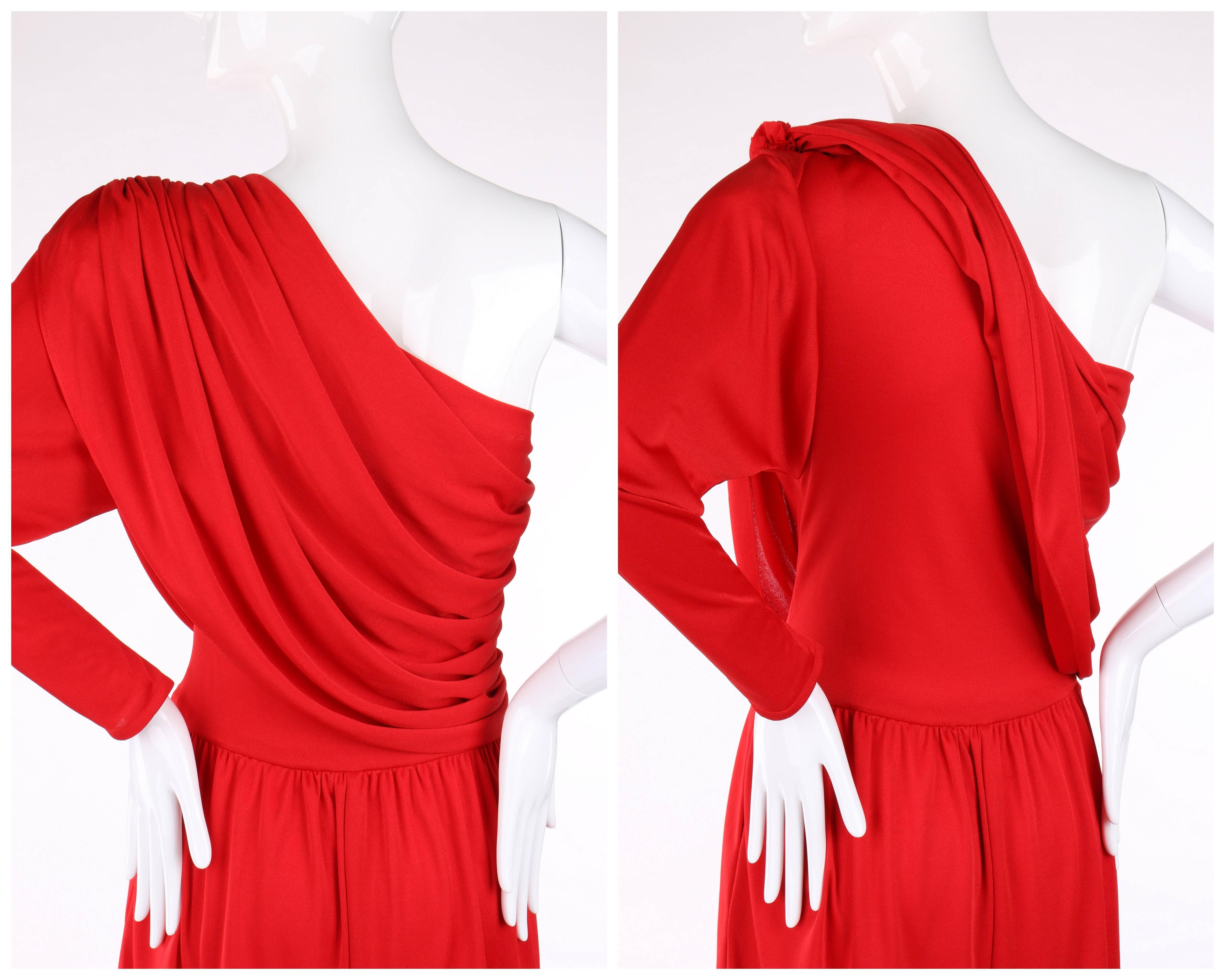 HALSTON c.1970's Red Spandex One Shoulder Draped Jumpsuit In Good Condition In Thiensville, WI