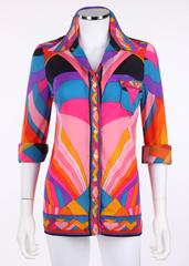 LEONARD Paris c.1973 Modische mehrfarbige Bluse mit geometrischem Signaturdruck