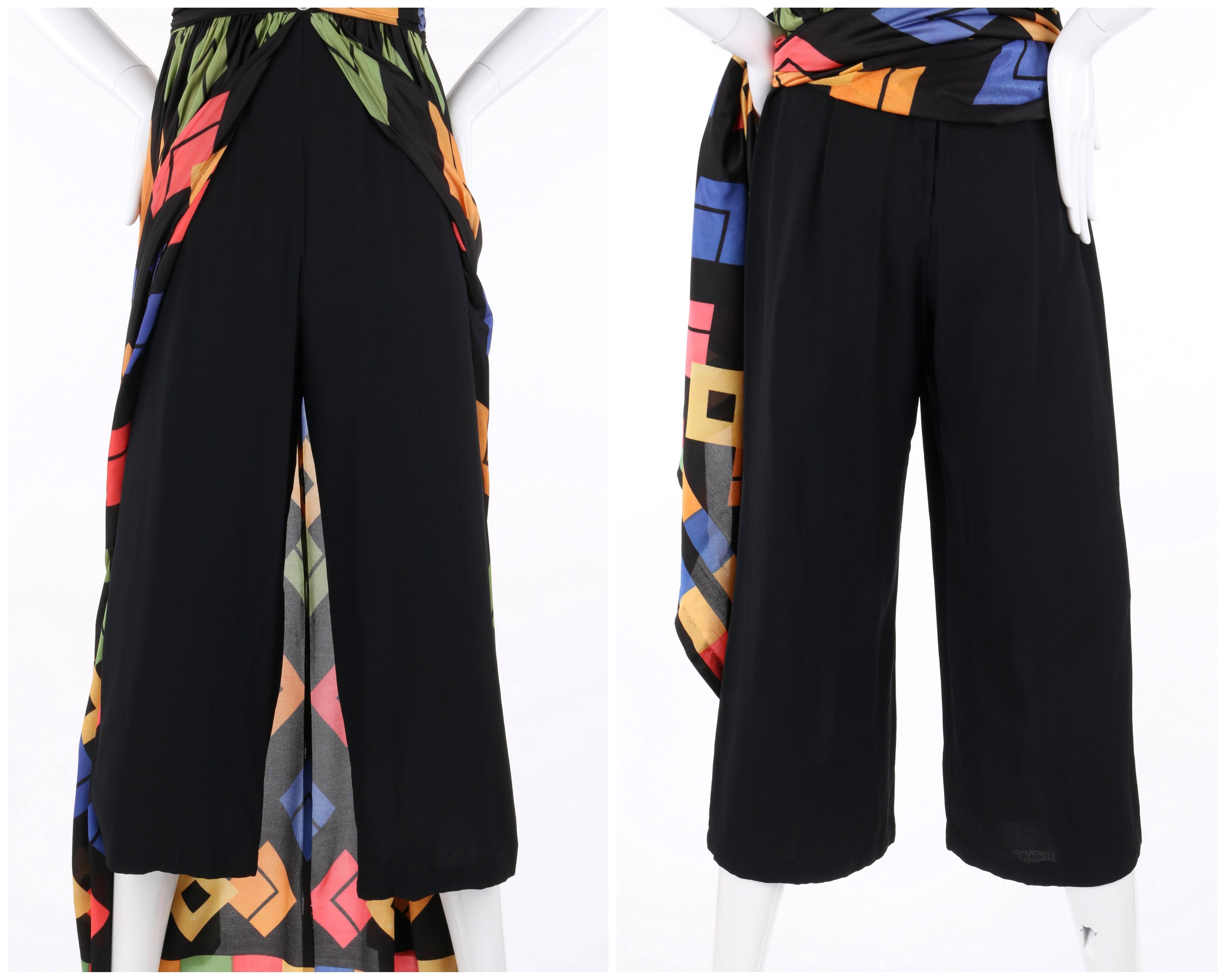 Modern c.1960's Black Jumpsuit + Multicolor Geometric Print Skirt Overlay 1