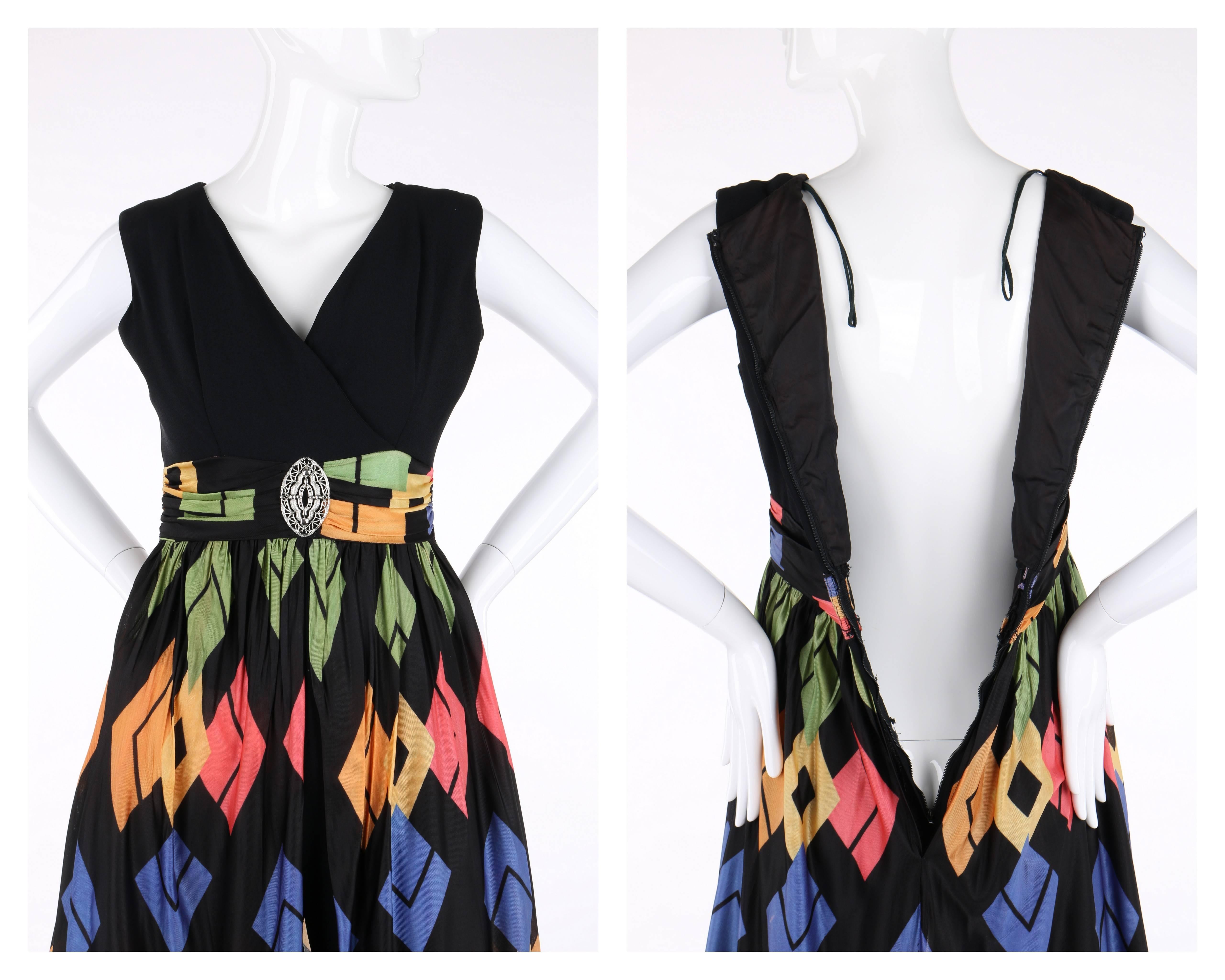 Modern c.1960's Black Jumpsuit + Multicolor Geometric Print Skirt Overlay In Excellent Condition In Thiensville, WI