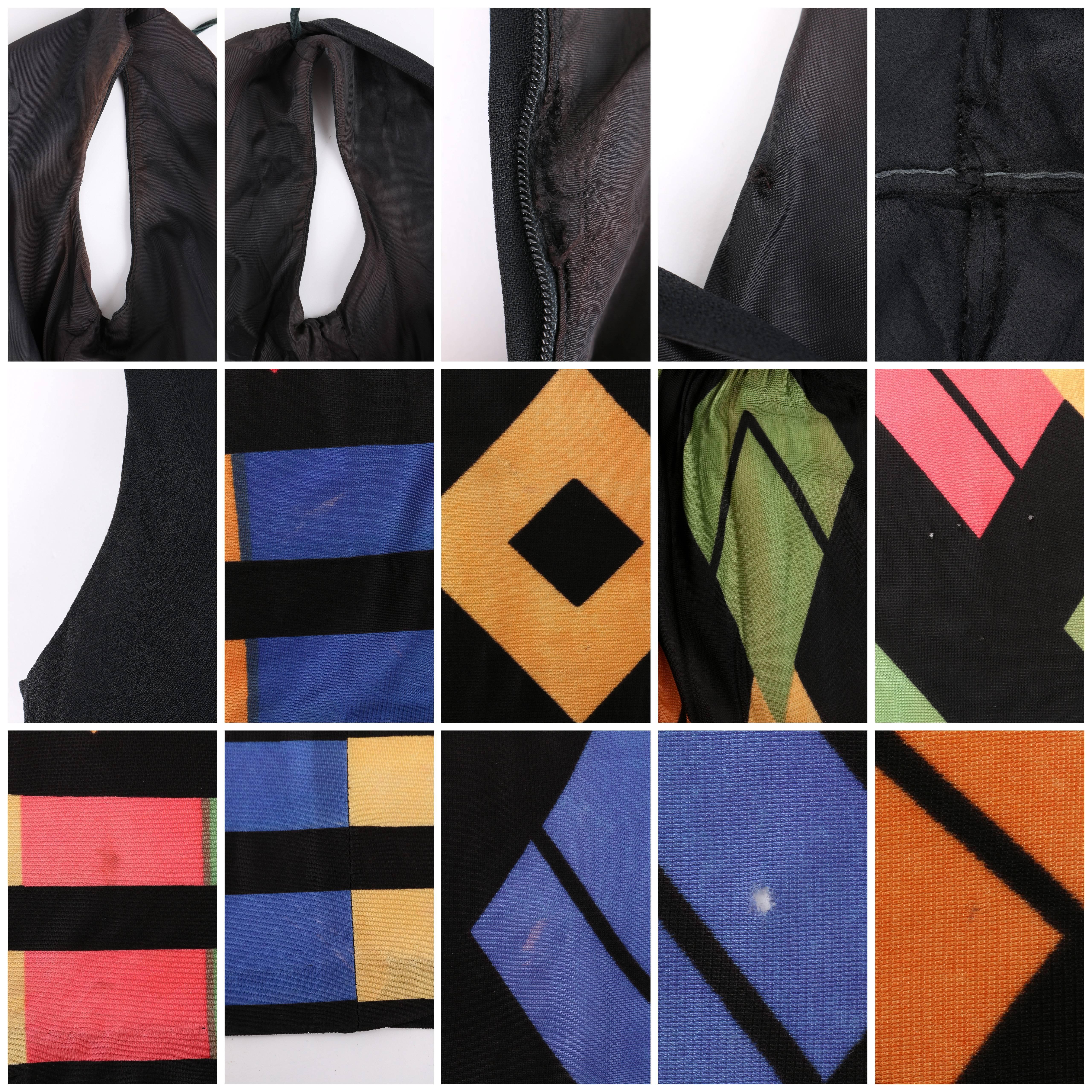 Modern c.1960's Black Jumpsuit + Multicolor Geometric Print Skirt Overlay 3