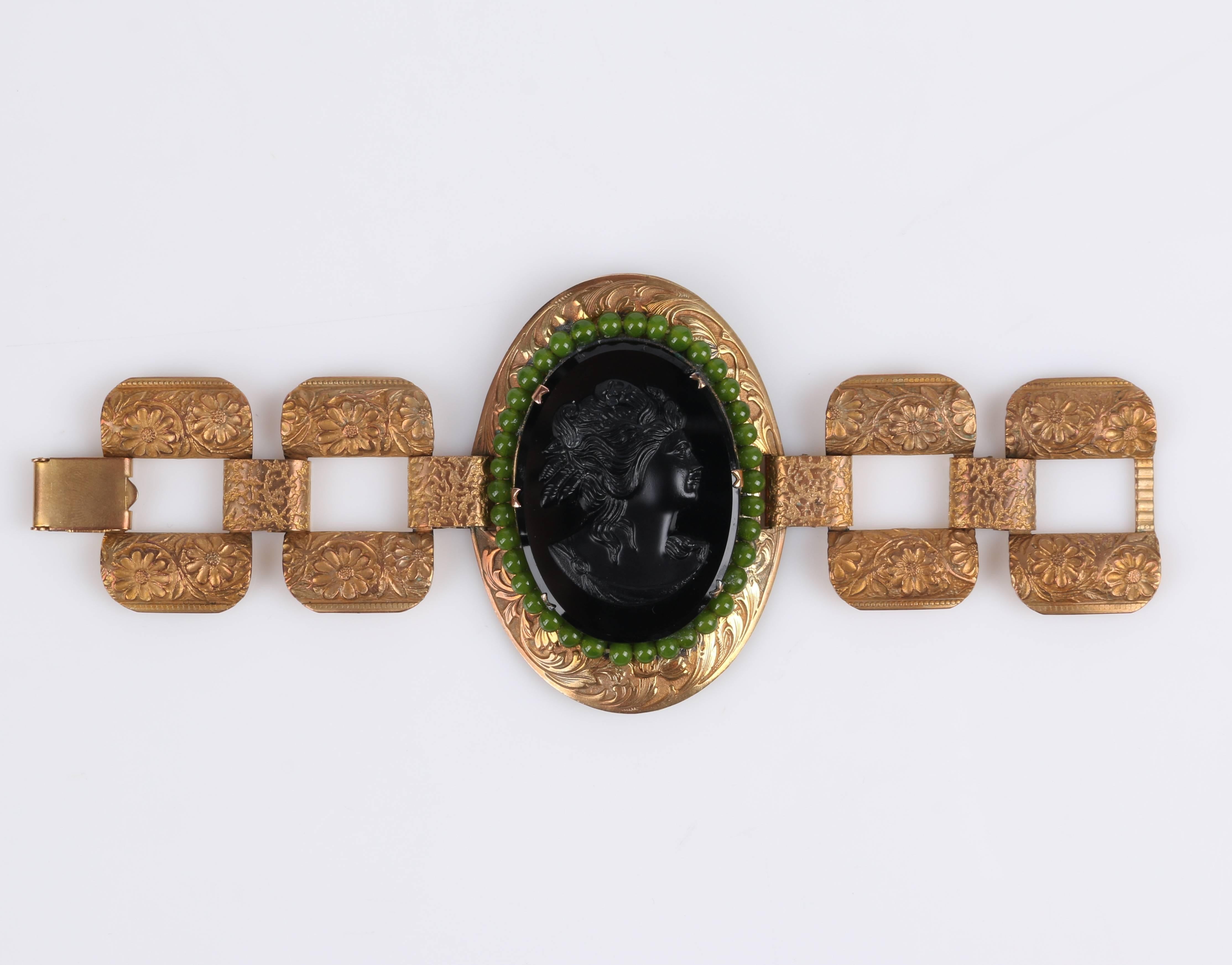 VICTORIAN REVIVAL c.1930's Black Glass Cameo Bronze Floral Carved Link Bracelet In Good Condition In Thiensville, WI
