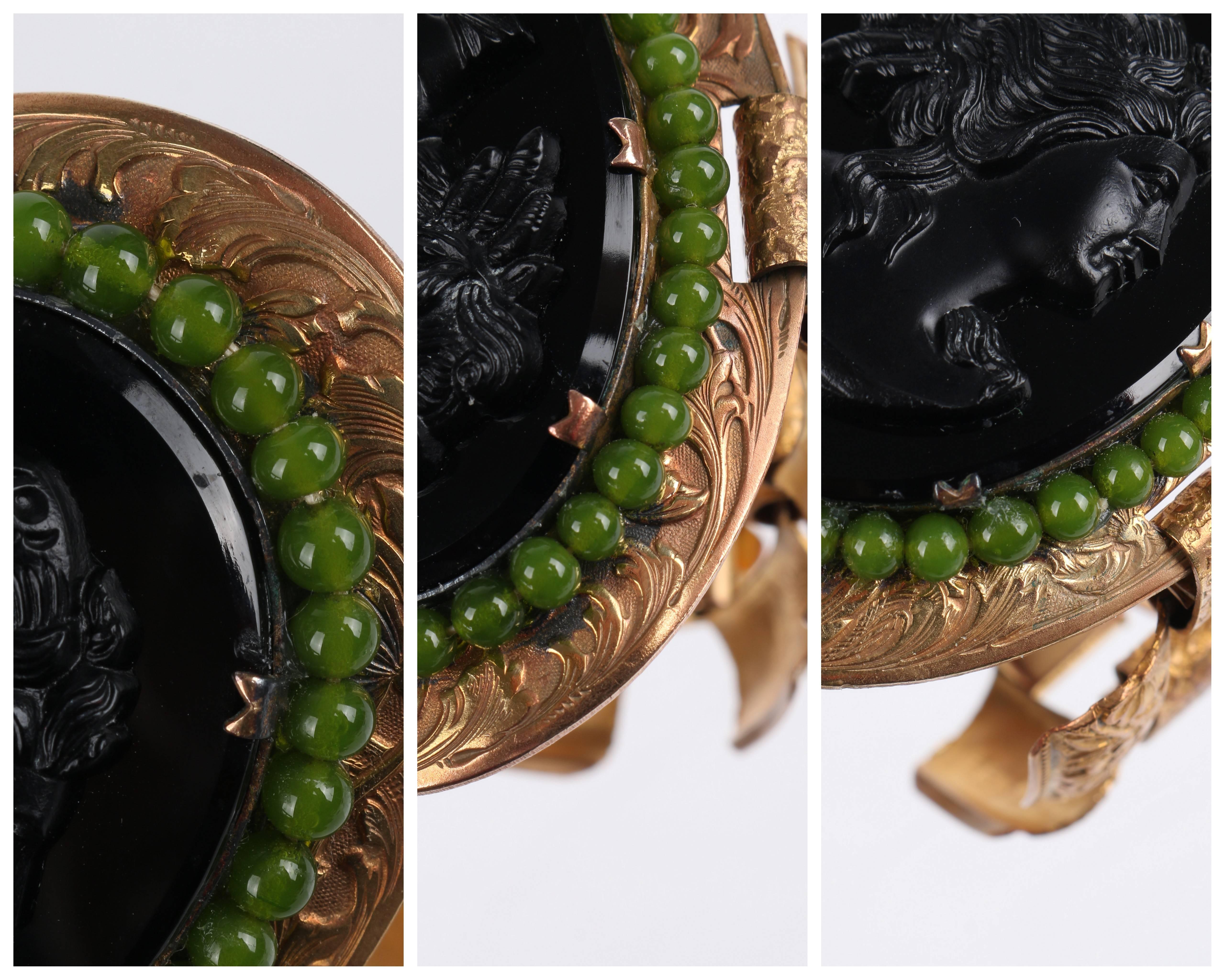 VICTORIAN REVIVAL c.1930's Black Glass Cameo Bronze Floral Carved Link Bracelet 4