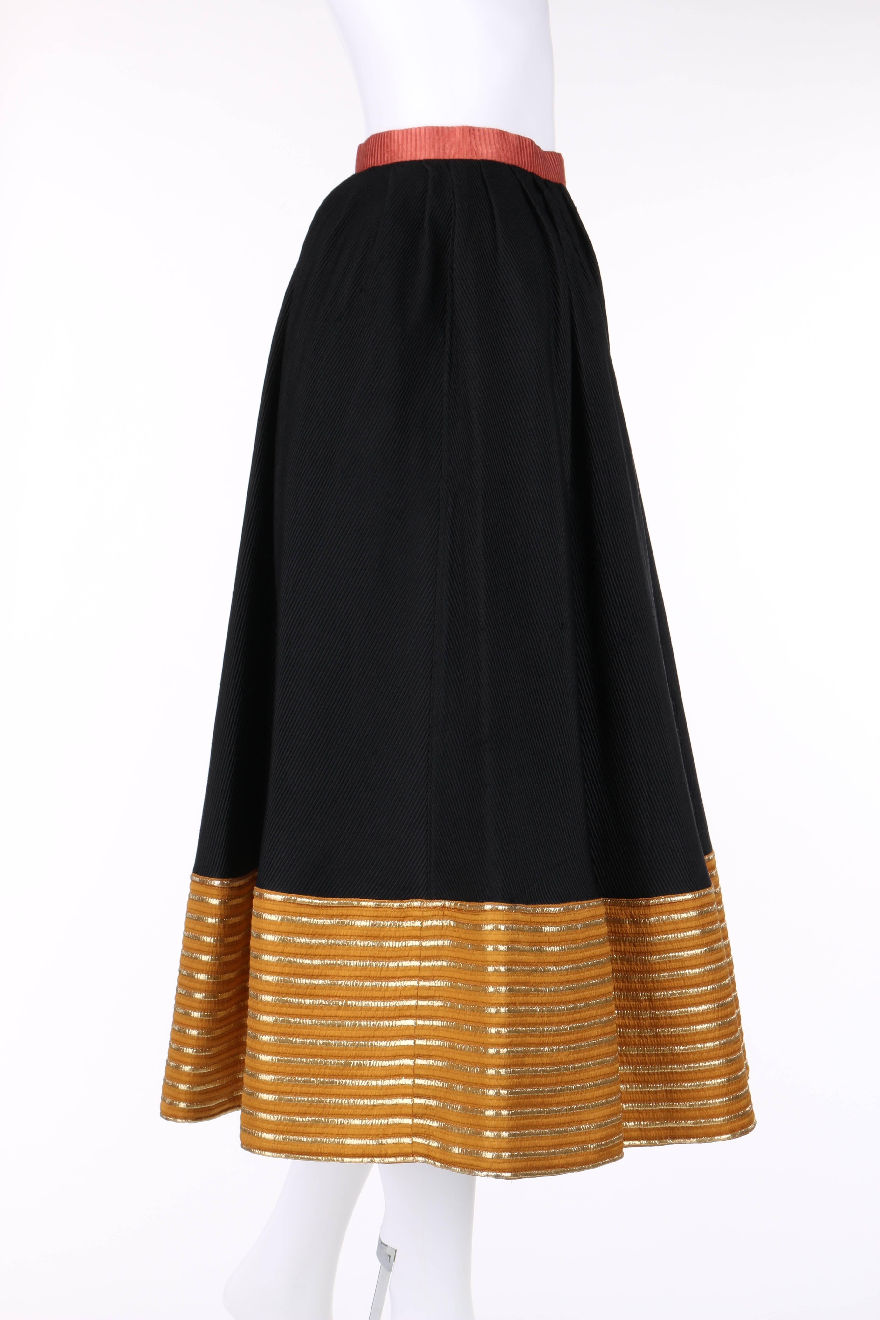 GEOFFREY BEENE c.1970's Black Silk Faille Metallic Gold Detail Skirt In Excellent Condition In Thiensville, WI