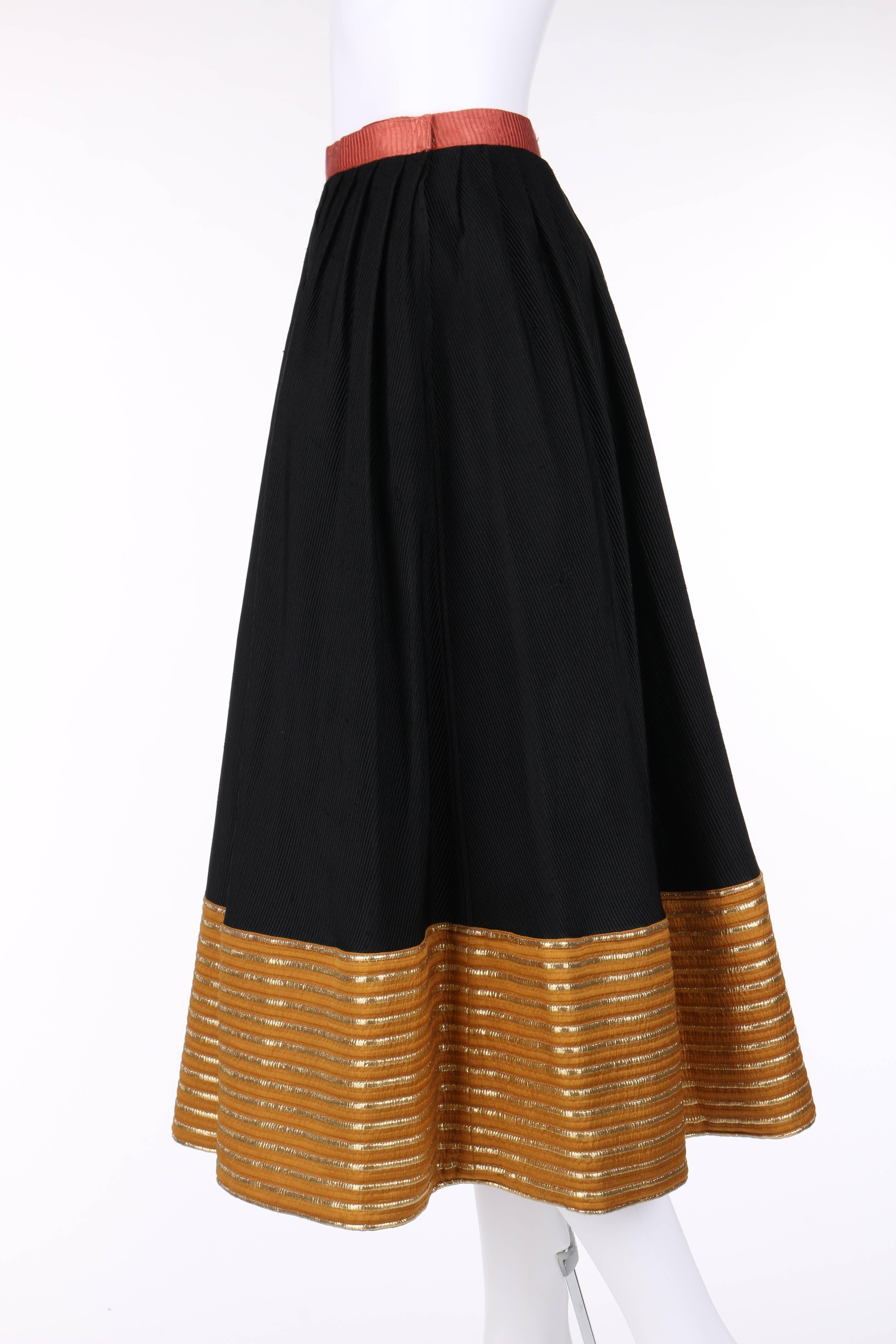 GEOFFREY BEENE c.1970's Black Silk Faille Metallic Gold Detail Skirt 1