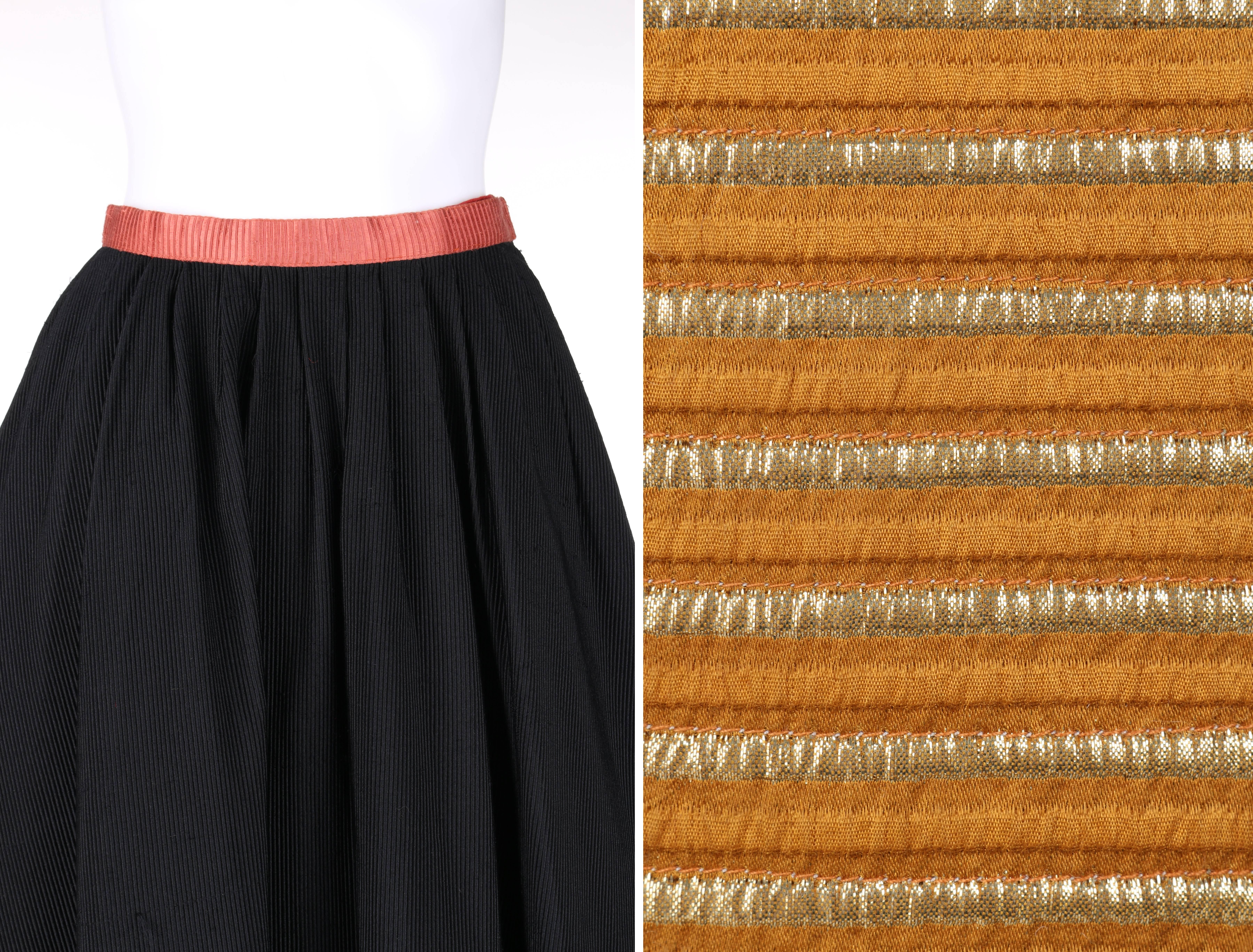 GEOFFREY BEENE c.1970's Black Silk Faille Metallic Gold Detail Skirt 2