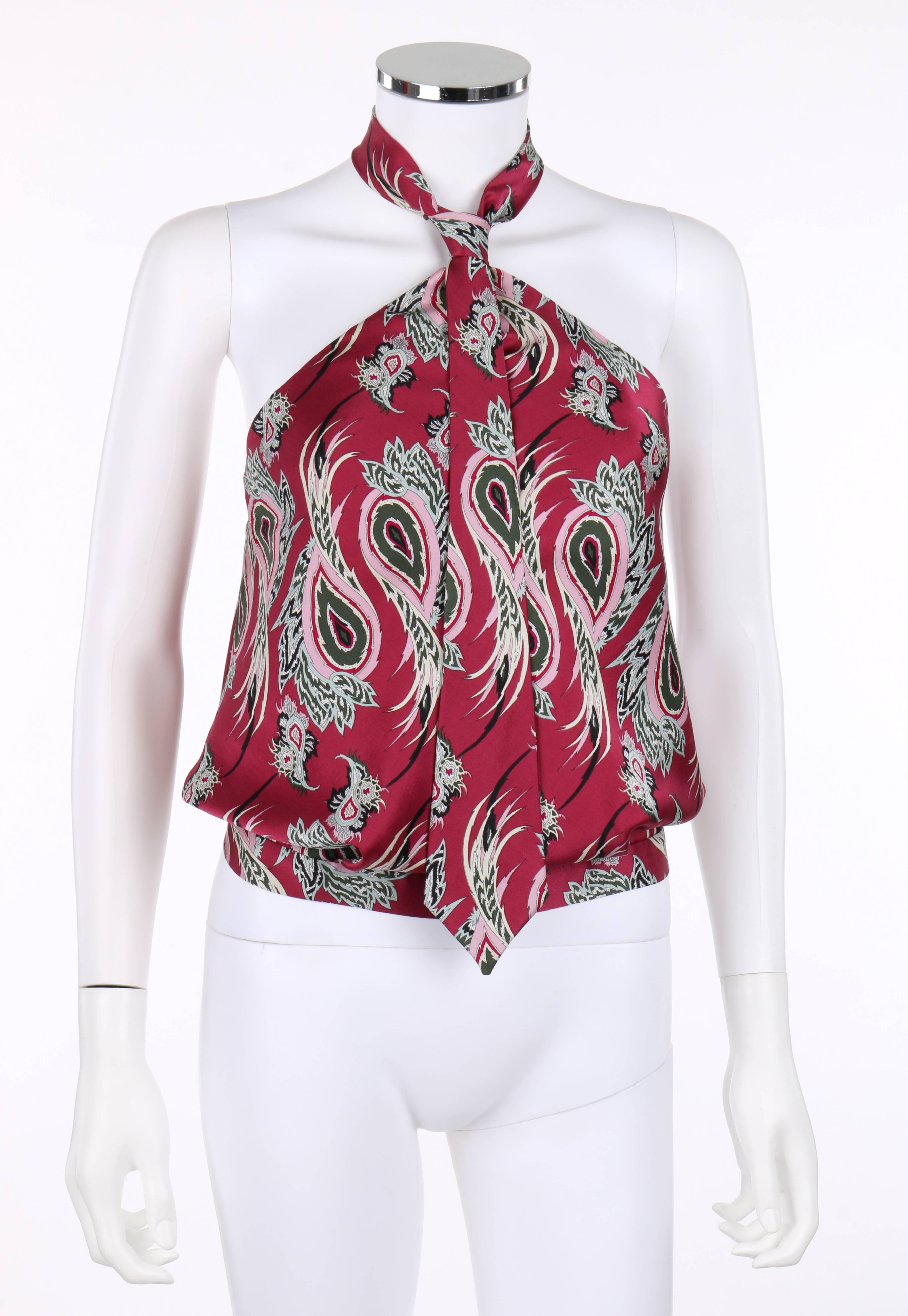 Alexander McQueen S/S 2001 burgundy silk halter top. From Alexander McQueen's "Voss" collection. All over paisley print in shades of white, green, black, pink, and light blue. Halter neckline with built in self tie necktie. Low back.