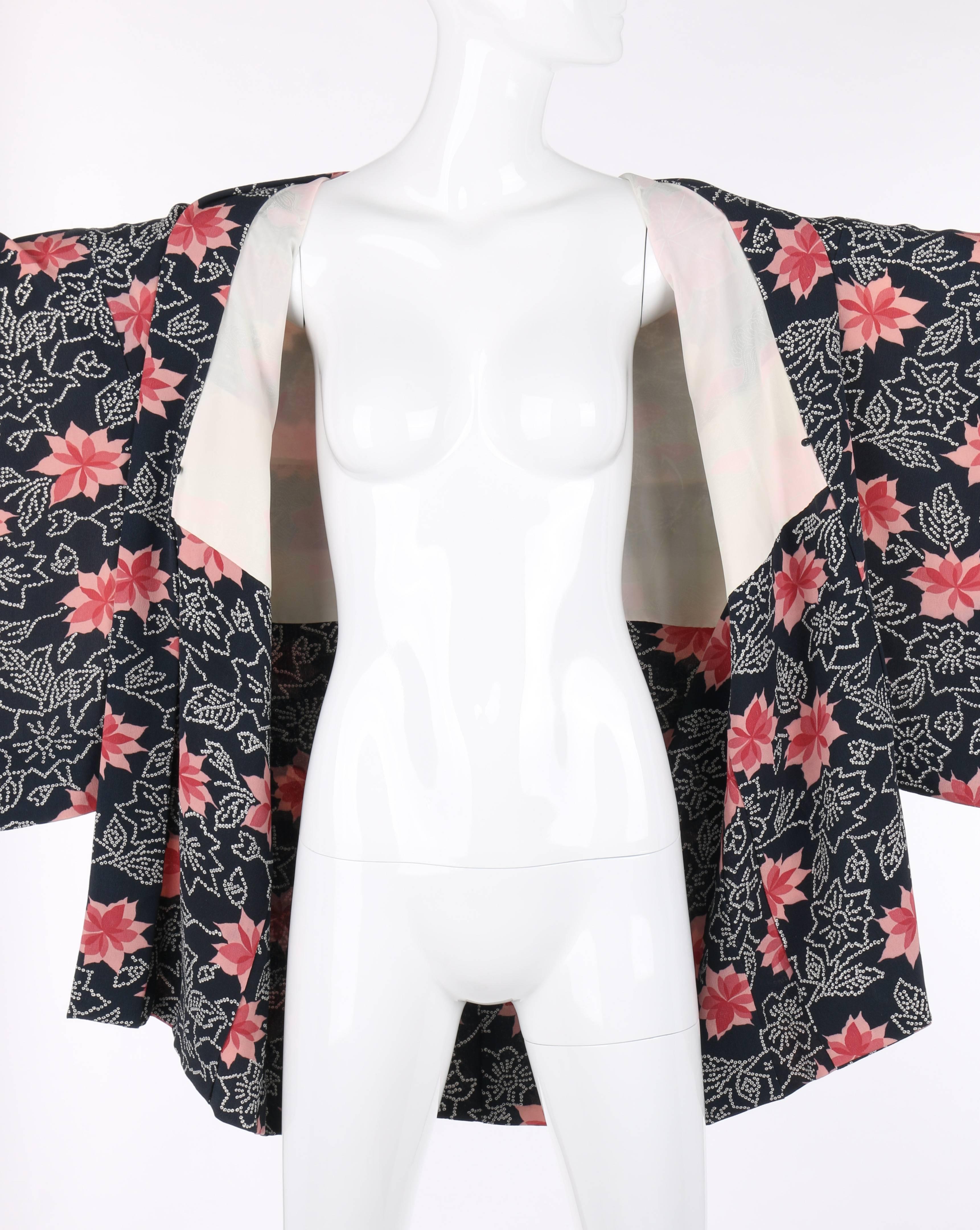 Women's Couture c.1940's Midnight Blue Pink Floral Print Rayon Crepe Haori Kimono Jacket